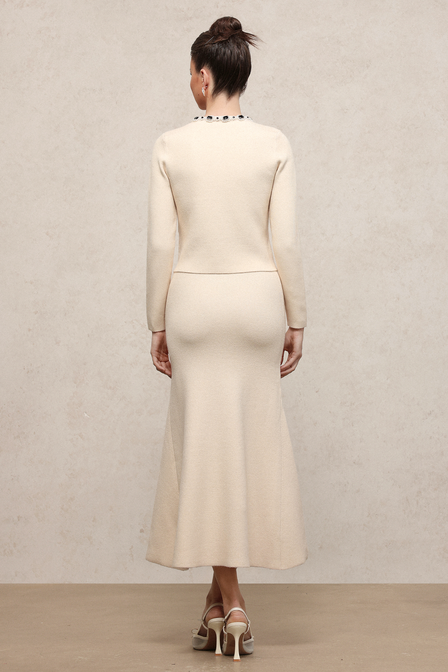 Nikalia Elegant Tailored Long Sleeve Rhinestone Knit Top And Skirt Two-Piece Set