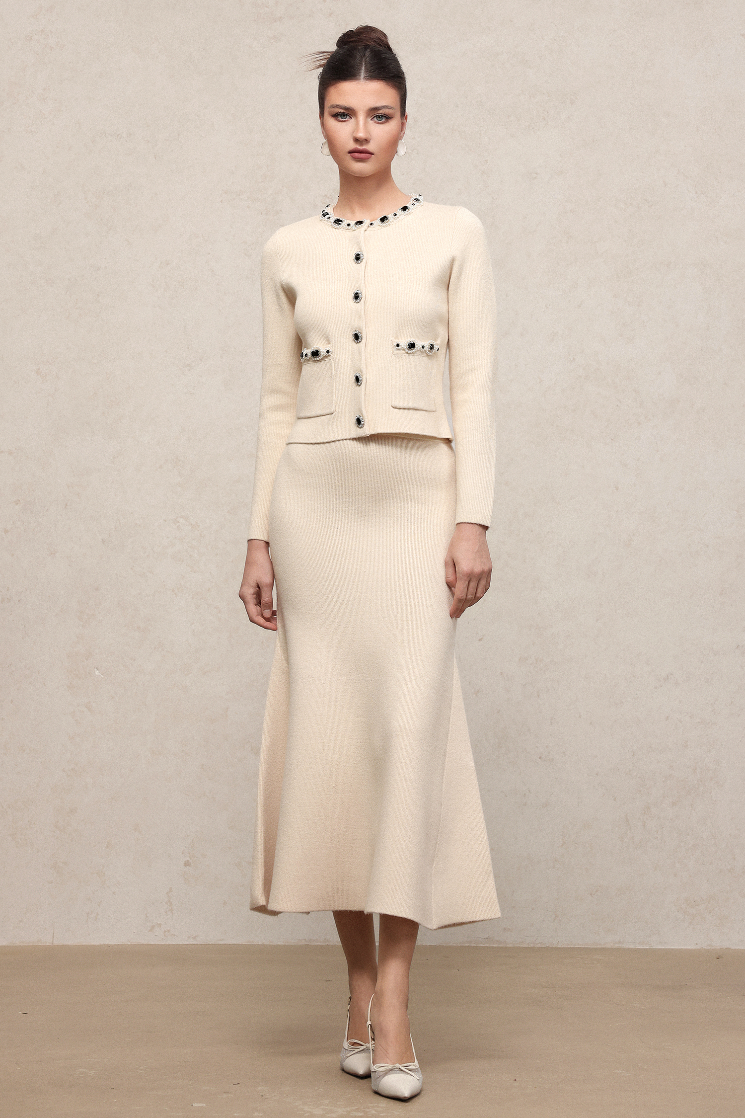Nikalia Elegant Tailored Long Sleeve Rhinestone Knit Top And Skirt Two-Piece Set