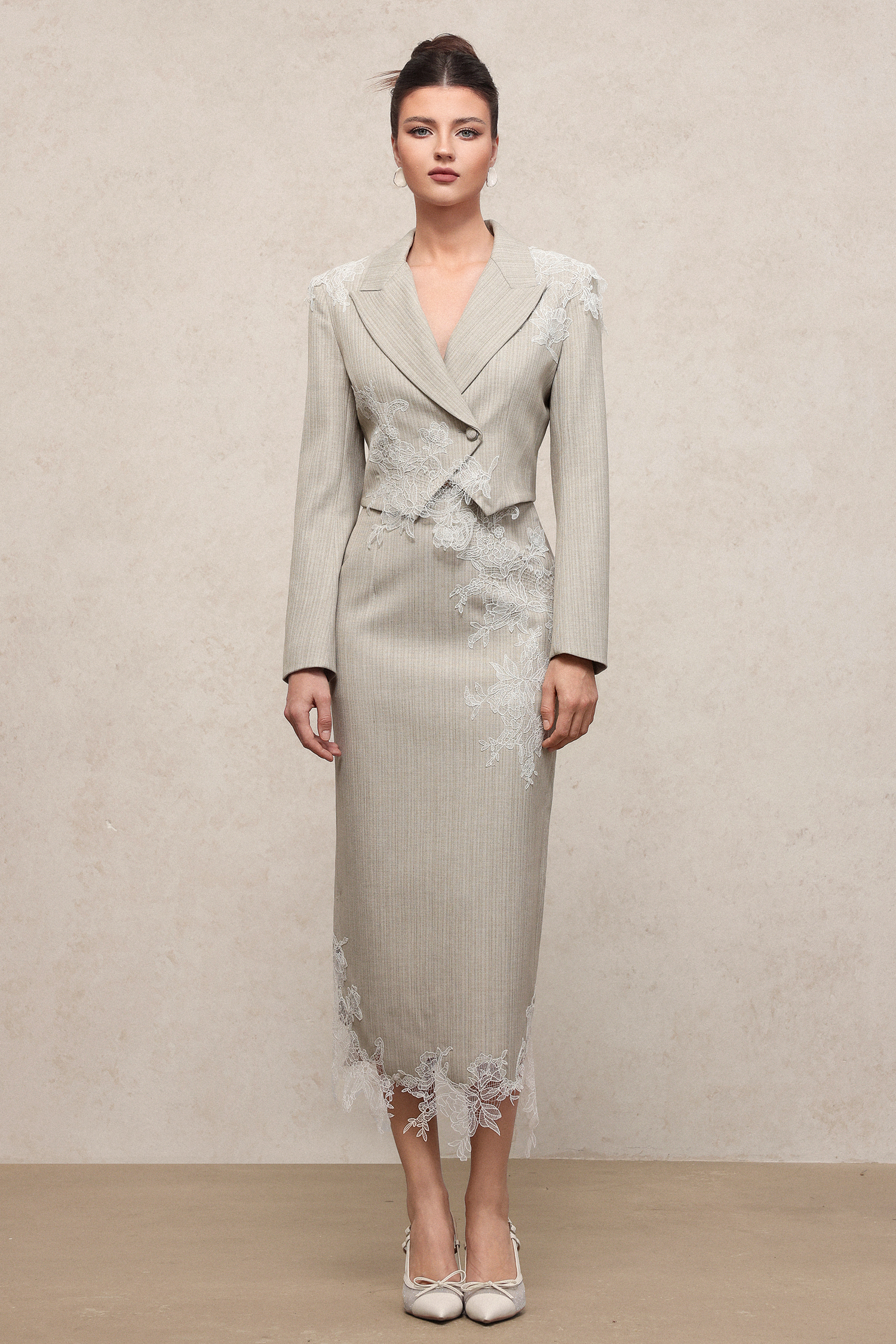 Yvan Elegant Tailored Long Sleeve Lace Woven Top And Skirt Two-Piece Set