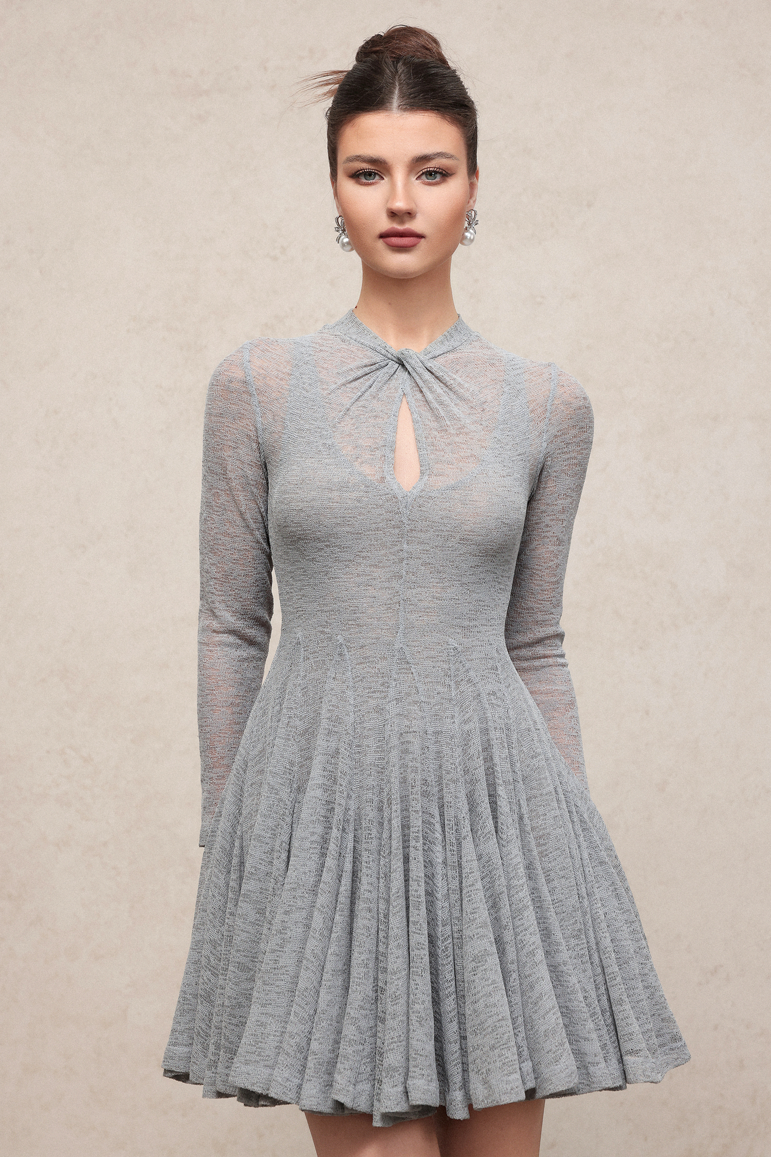 Linka Chic Flowy Long Sleeve Cut Out Knit Mini Dress
