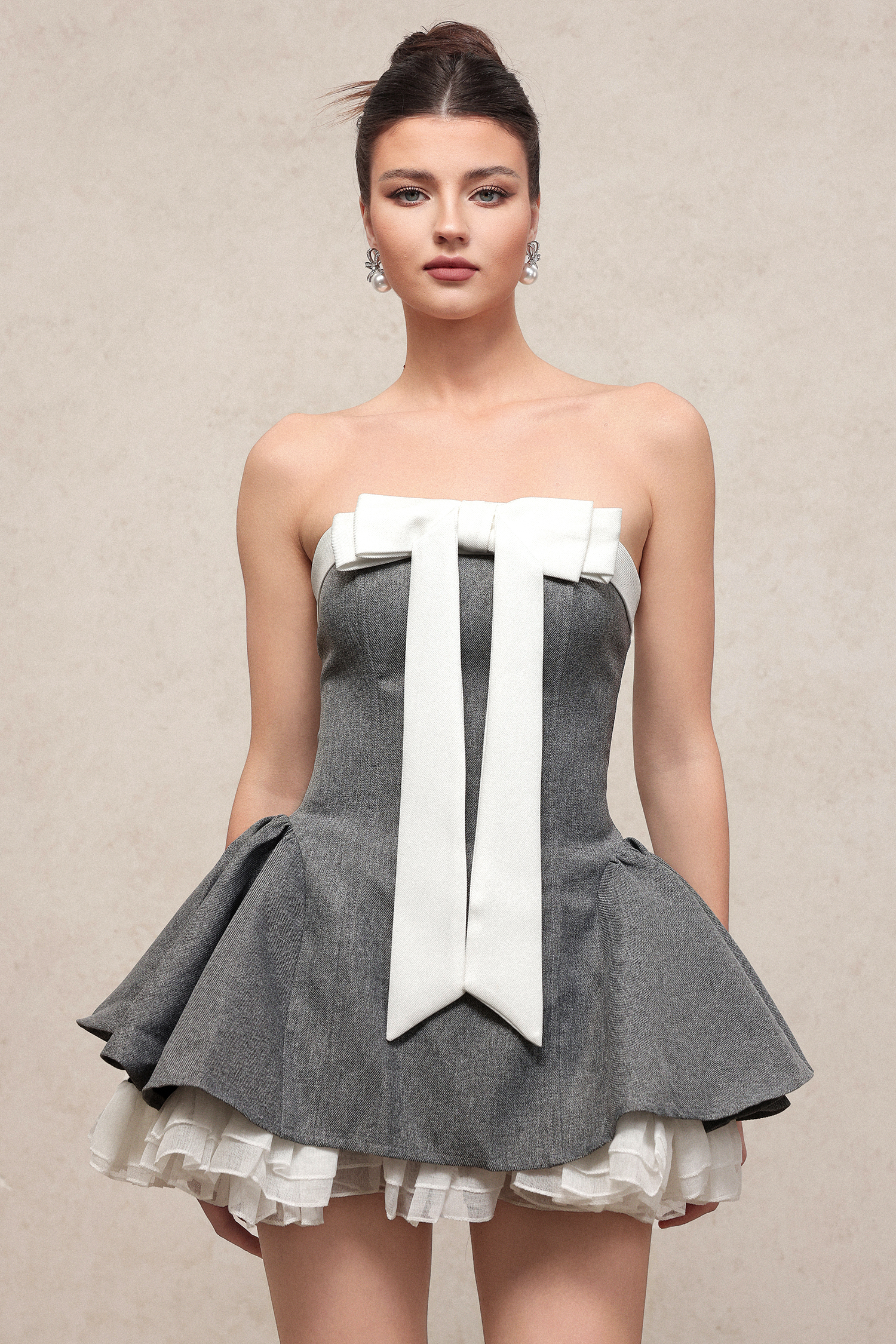 Janneth Chic Waist-Defining Sleeveless Bow Woven Mini Dress