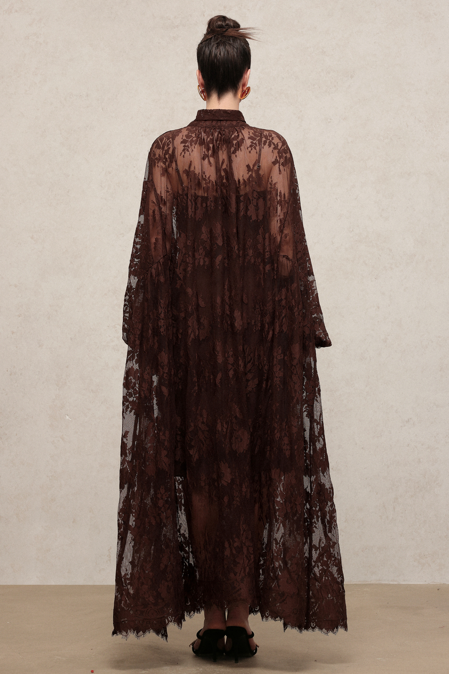 Deliyn Resort Flowy Long Sleeve Embroidered Mesh Lace Maxi Dress