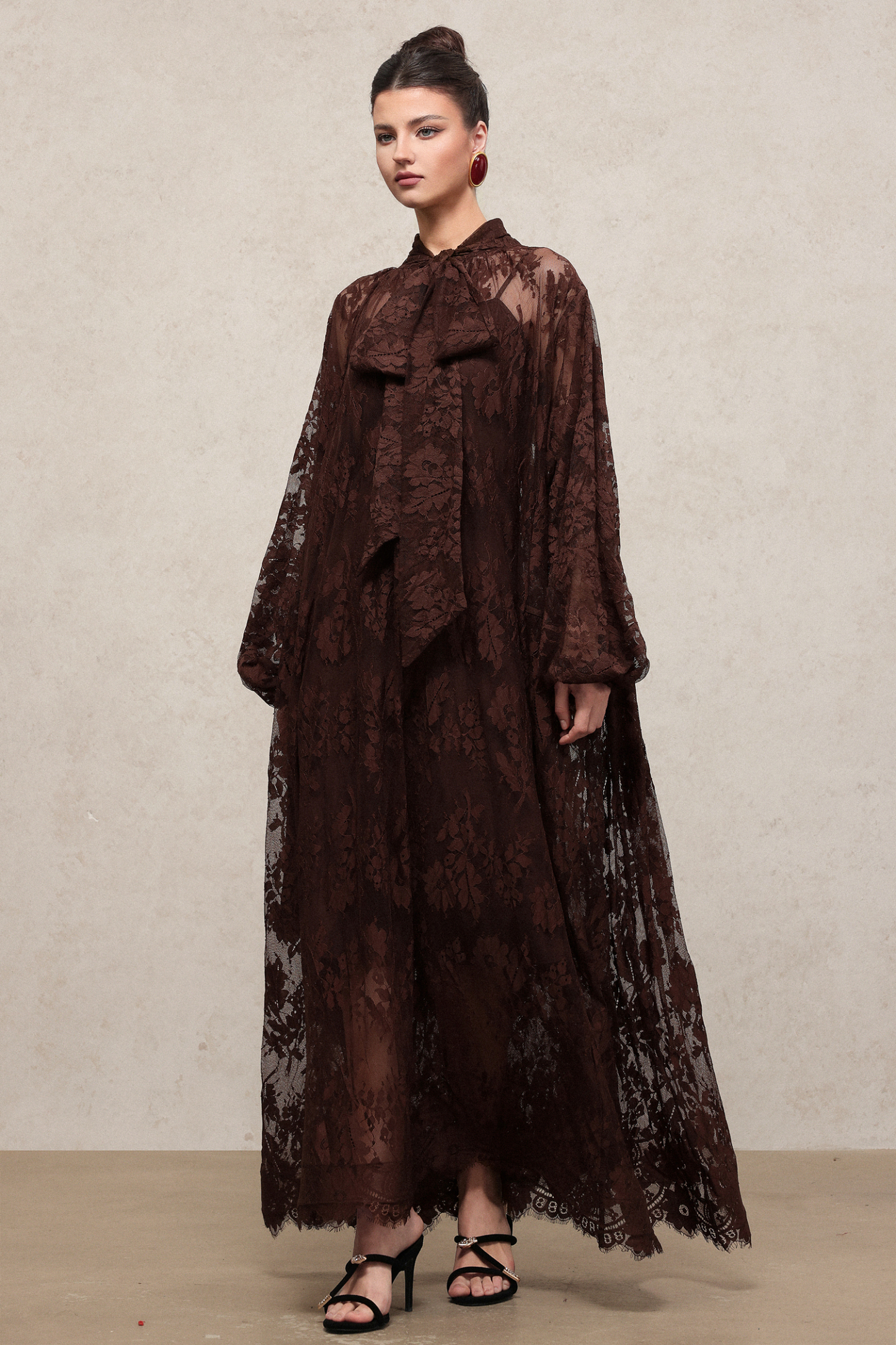 Deliyn Resort Flowy Long Sleeve Embroidered Mesh Lace Maxi Dress