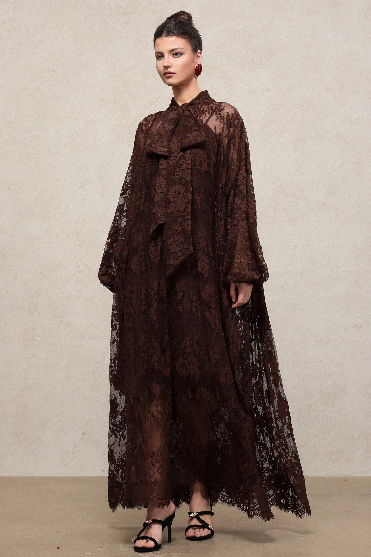 Deliyn Resort Flowy Long Sleeve Embroidered Mesh Lace Maxi Dress