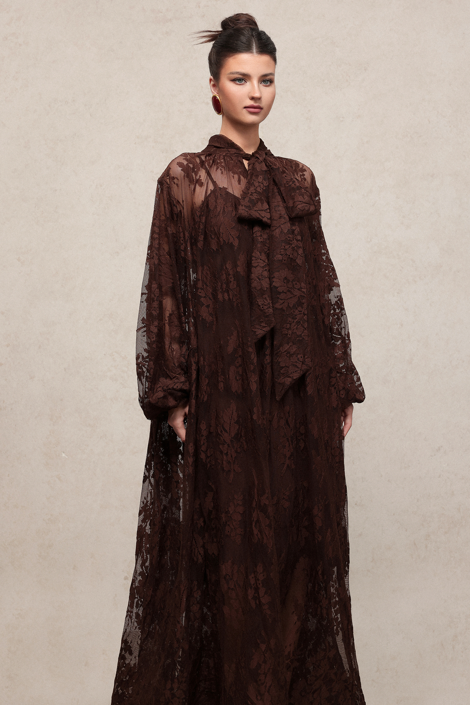 Deliyn Resort Flowy Long Sleeve Embroidered Mesh Lace Maxi Dress