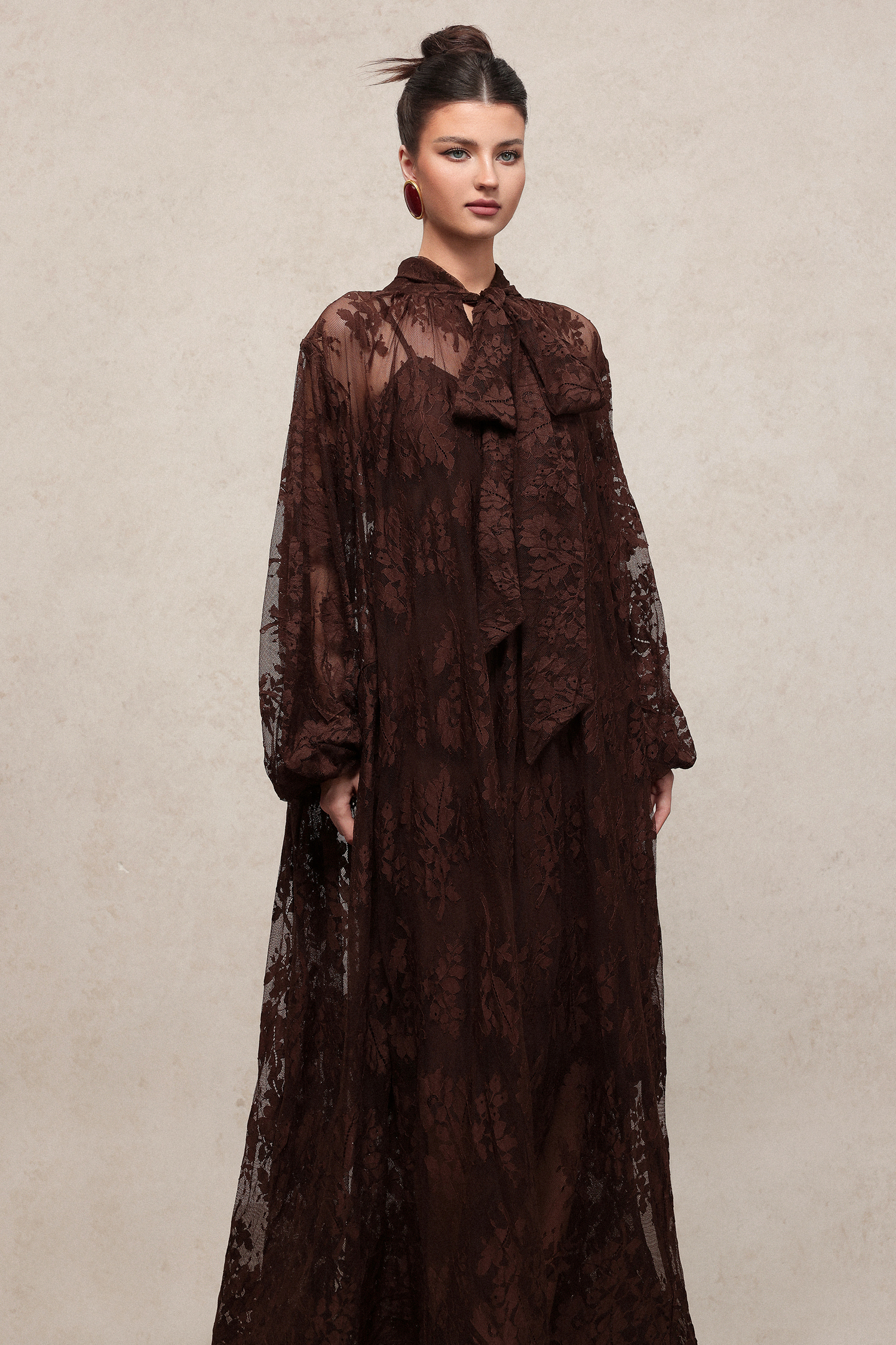 Deliyn Resort Flowy Long Sleeve Embroidered Mesh Lace Maxi Dress