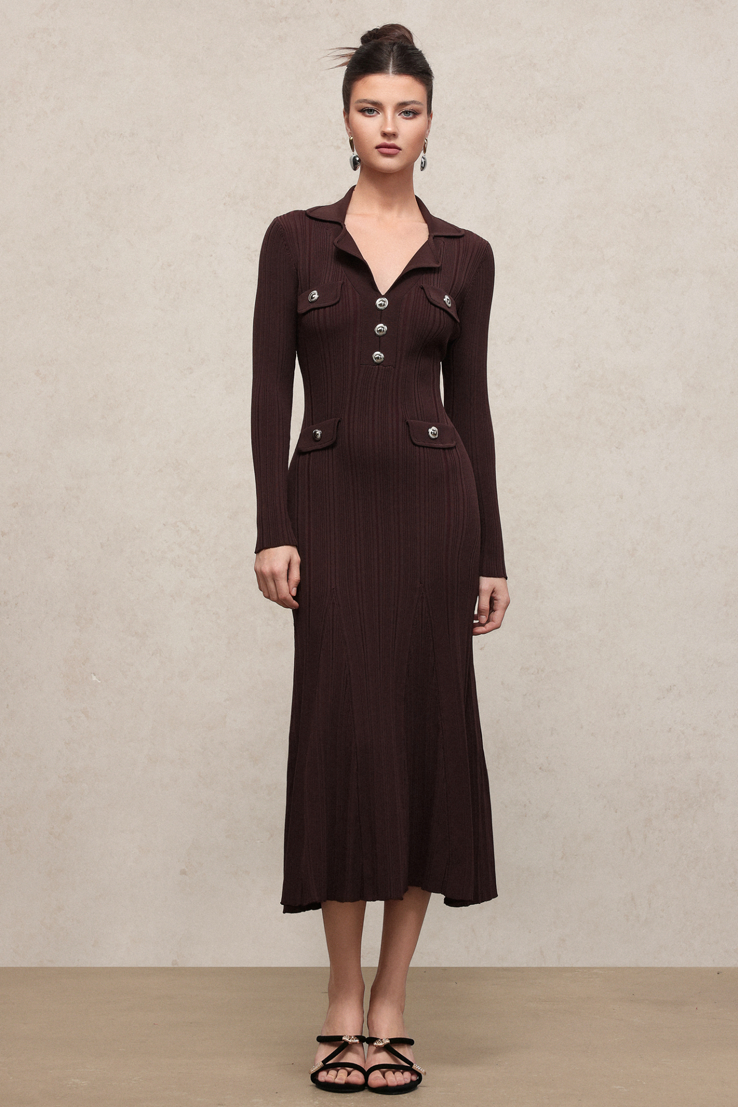 Rika Elegant Contour V Neck Long Sleeve Knit Maxi Dress