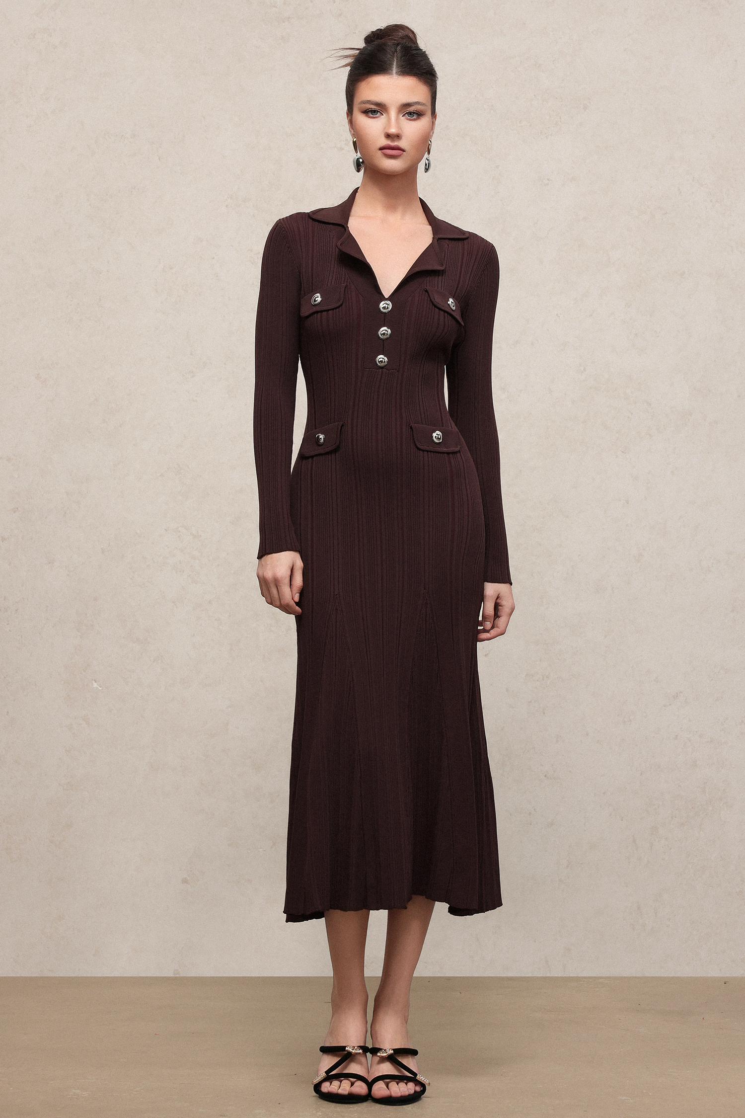 Rika Elegant Contour V Neck Long Sleeve Knit Maxi Dress