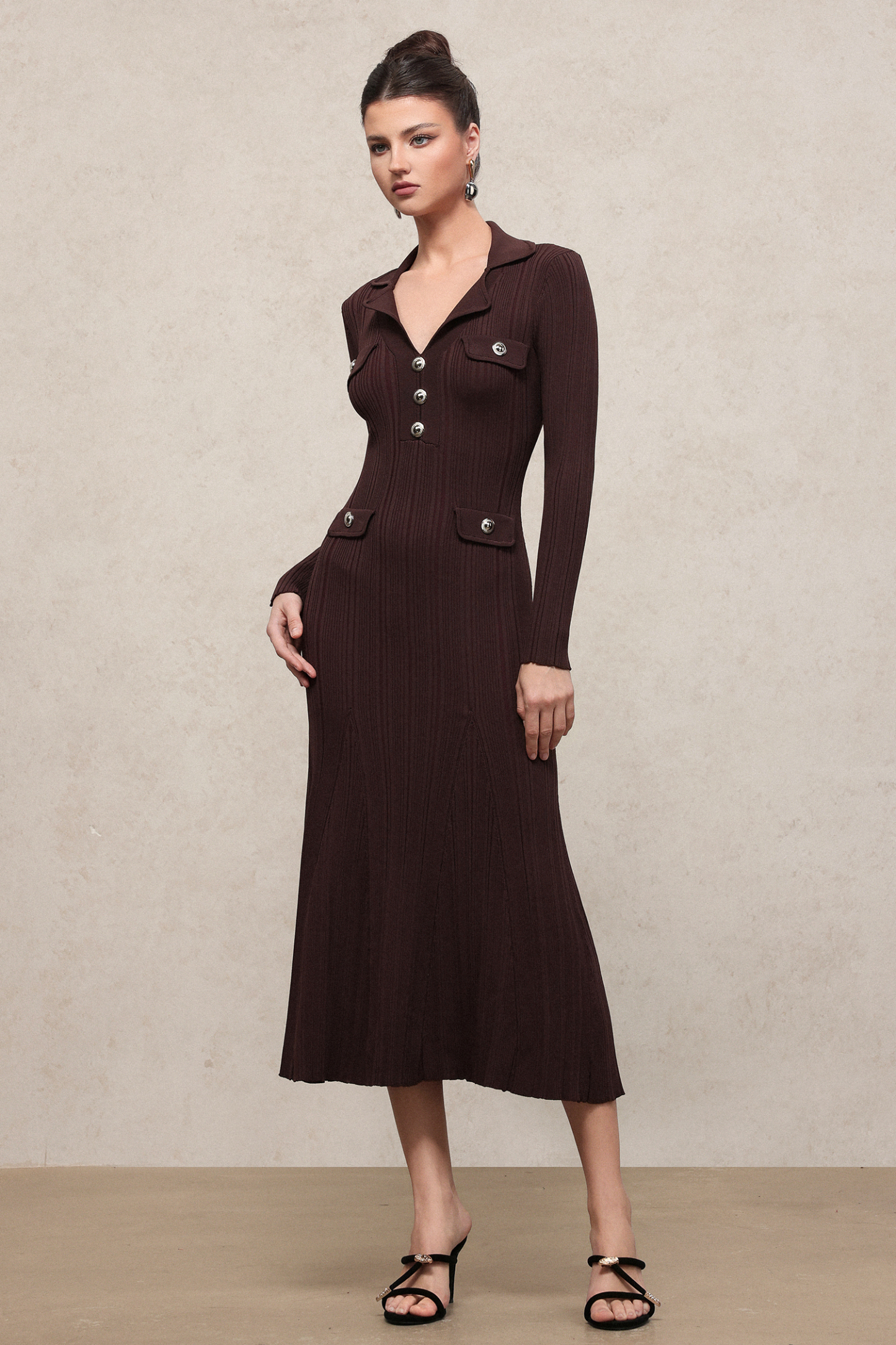 Rika Elegant Contour V Neck Long Sleeve Knit Maxi Dress