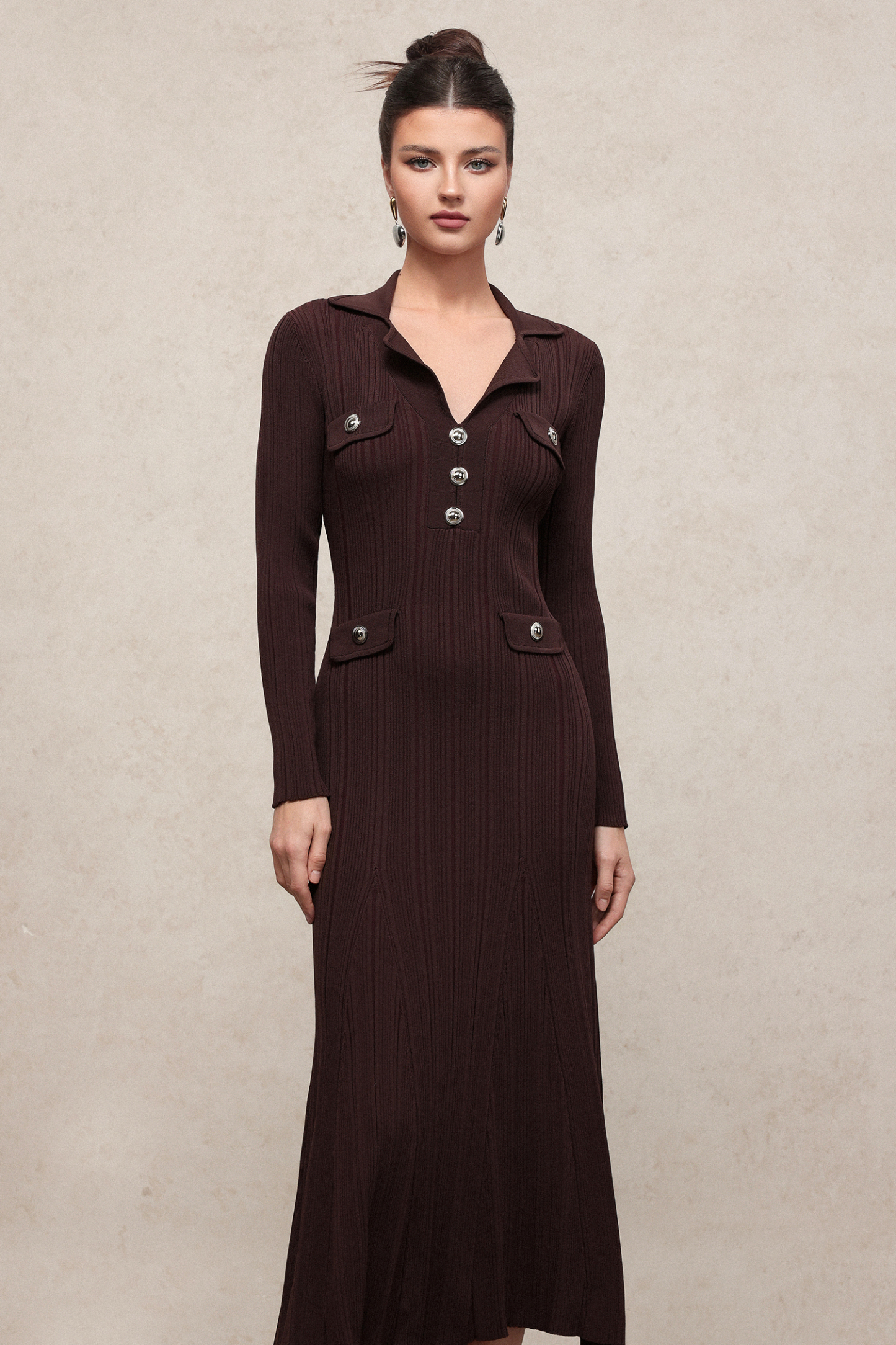 Rika Elegant Contour V Neck Long Sleeve Knit Maxi Dress