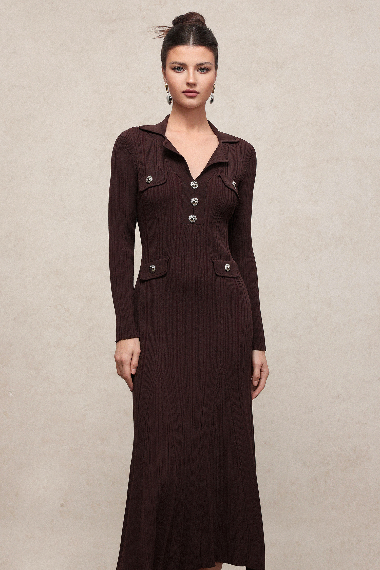 Rika Elegant Contour V Neck Long Sleeve Knit Maxi Dress