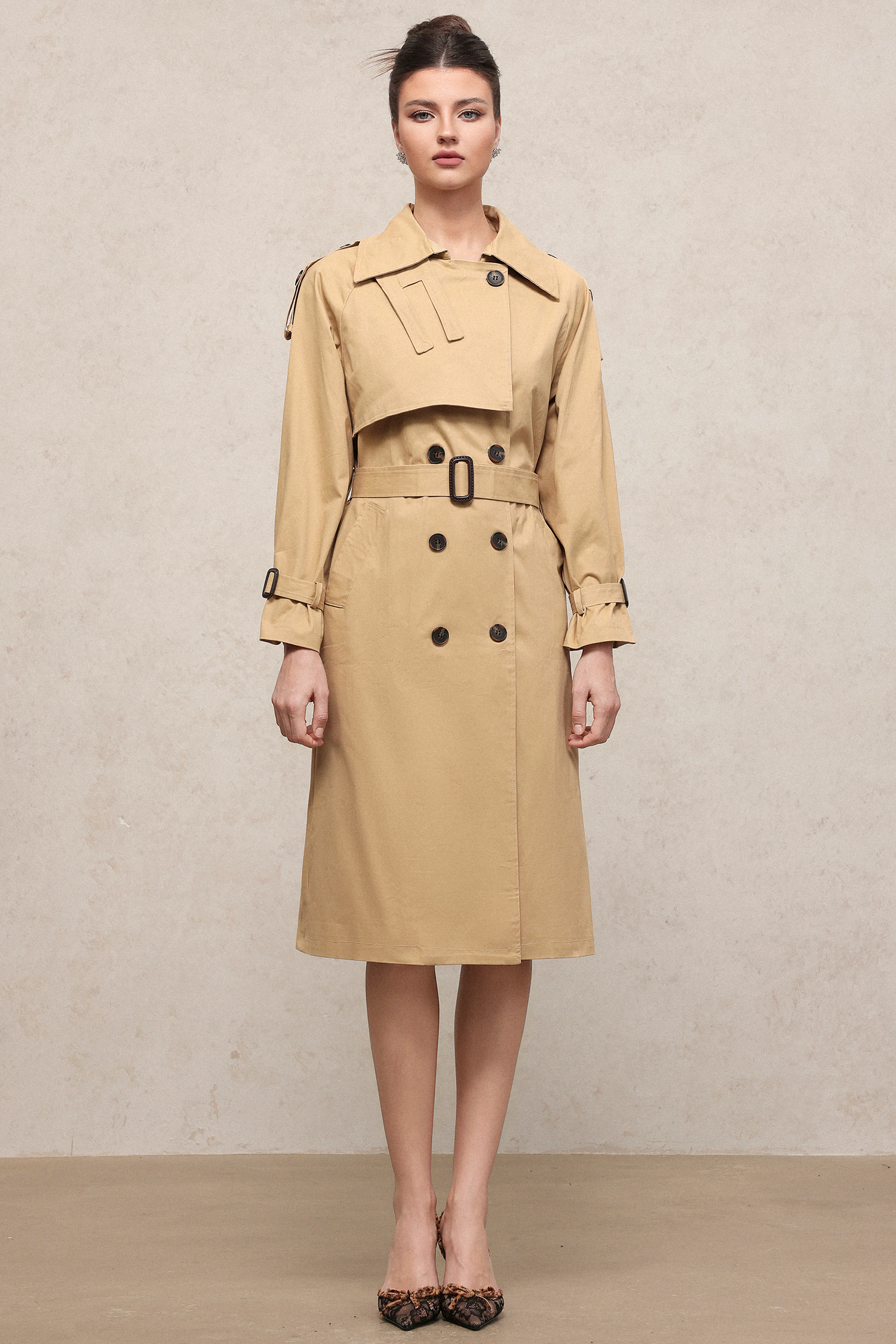 Judith Elegant Tailored Long Sleeve Woven Trench Coat