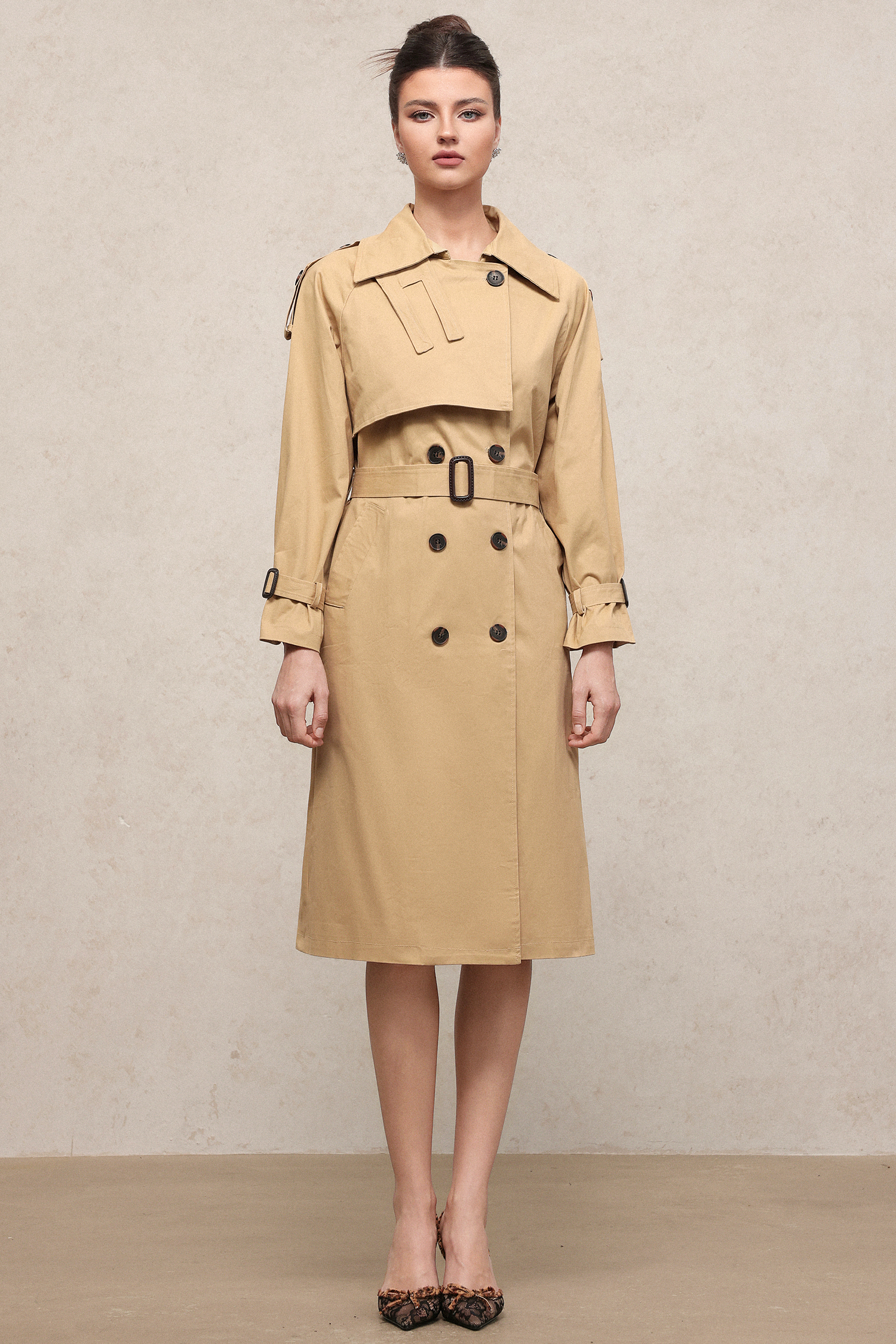 Judith Elegant Tailored Long Sleeve Woven Trench Coat