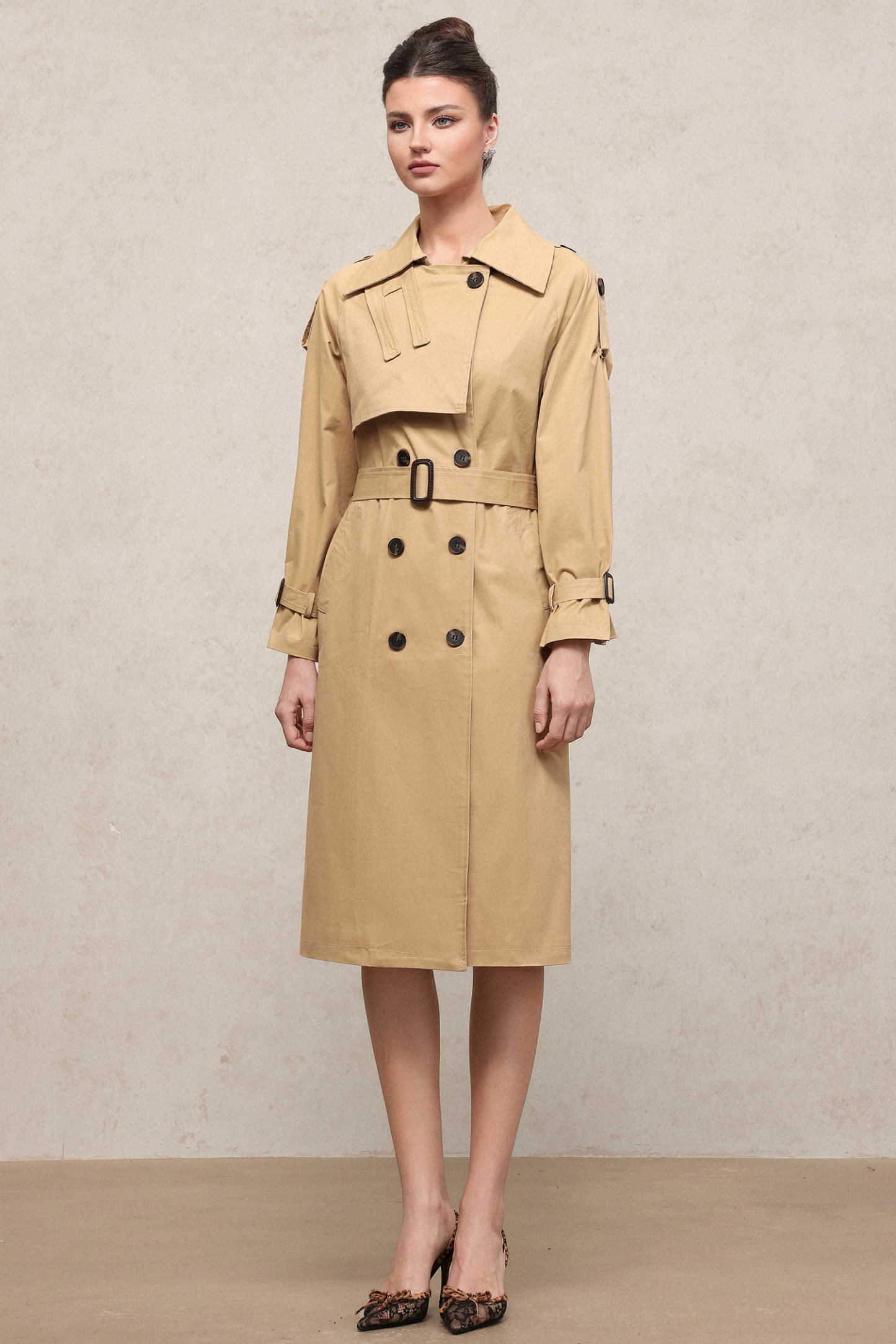 Judith Elegant Tailored Long Sleeve Woven Trench Coat