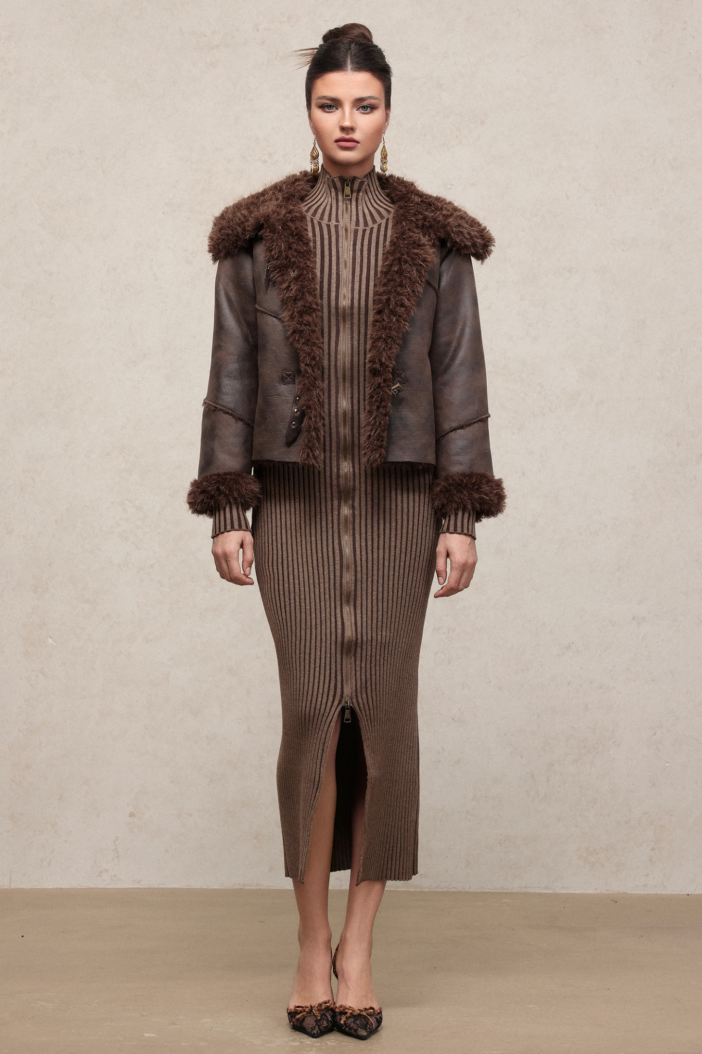 Loran Vintage Long Sleeve Fluffy Faux Leather Jacket