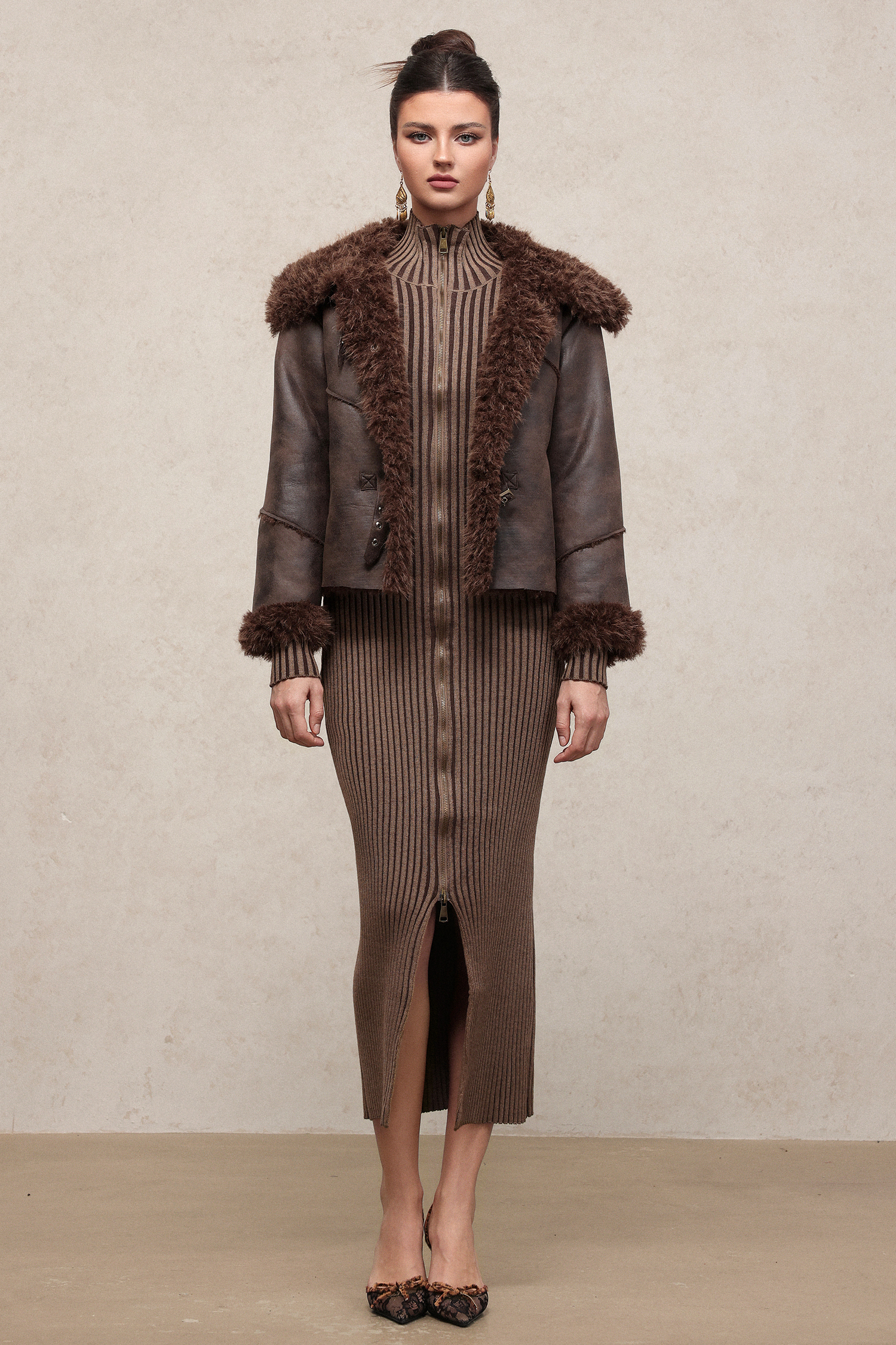 Loran Vintage Long Sleeve Fluffy Faux Leather Jacket