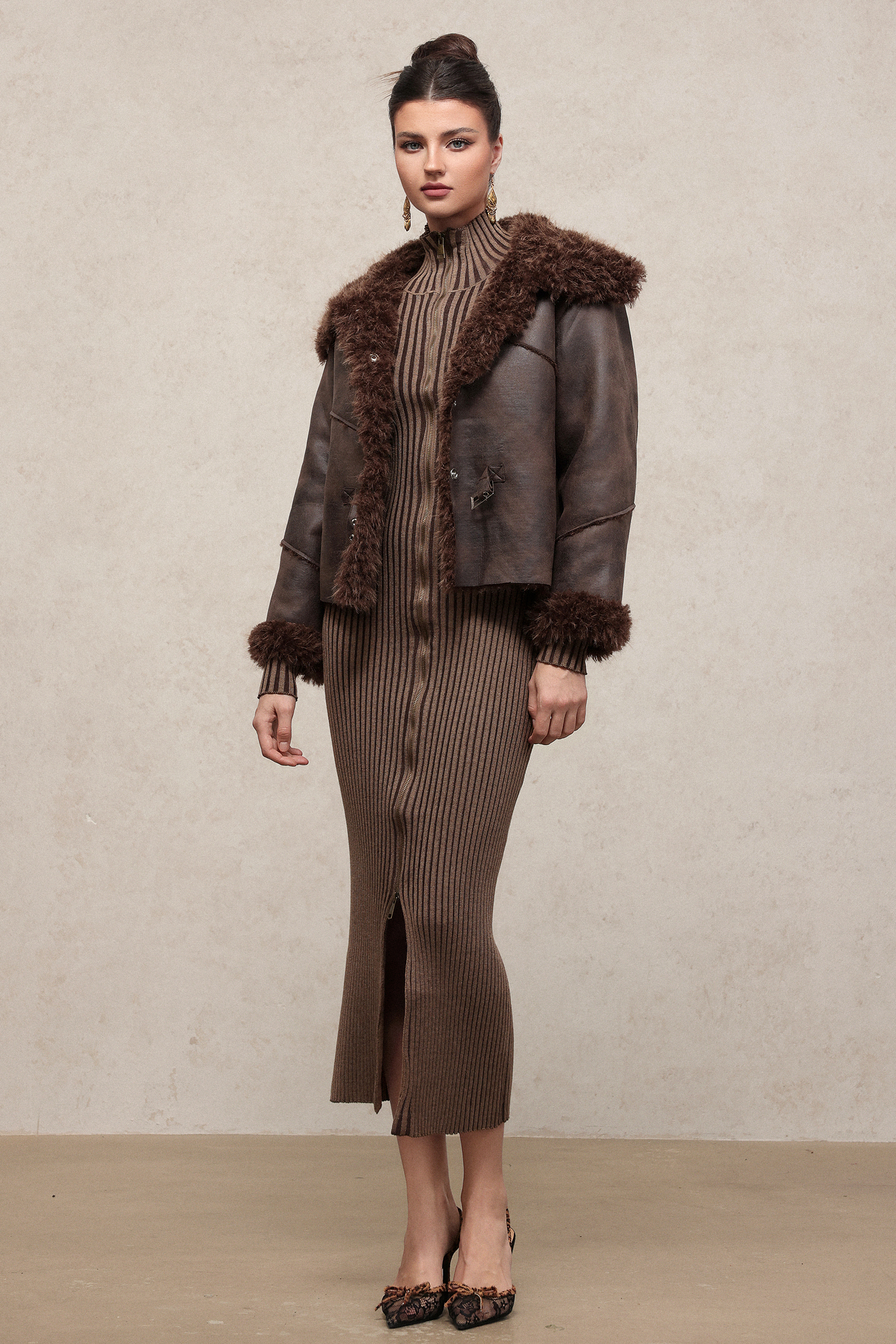 Loran Vintage Long Sleeve Fluffy Faux Leather Jacket