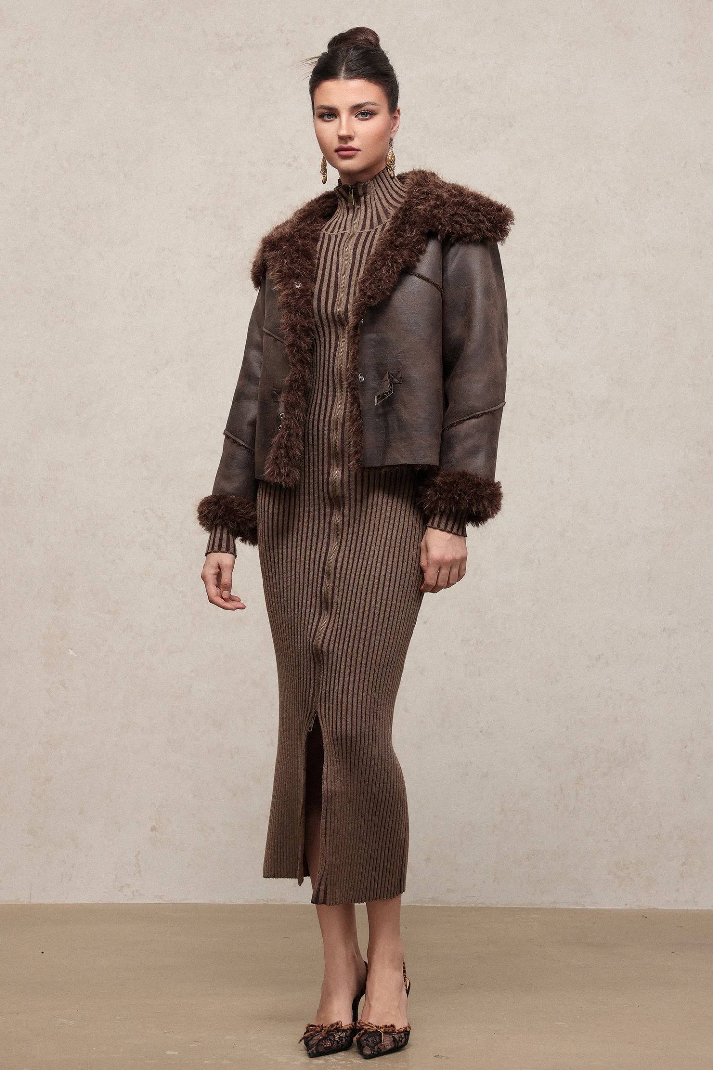 Loran Vintage Long Sleeve Fluffy Faux Leather Jacket