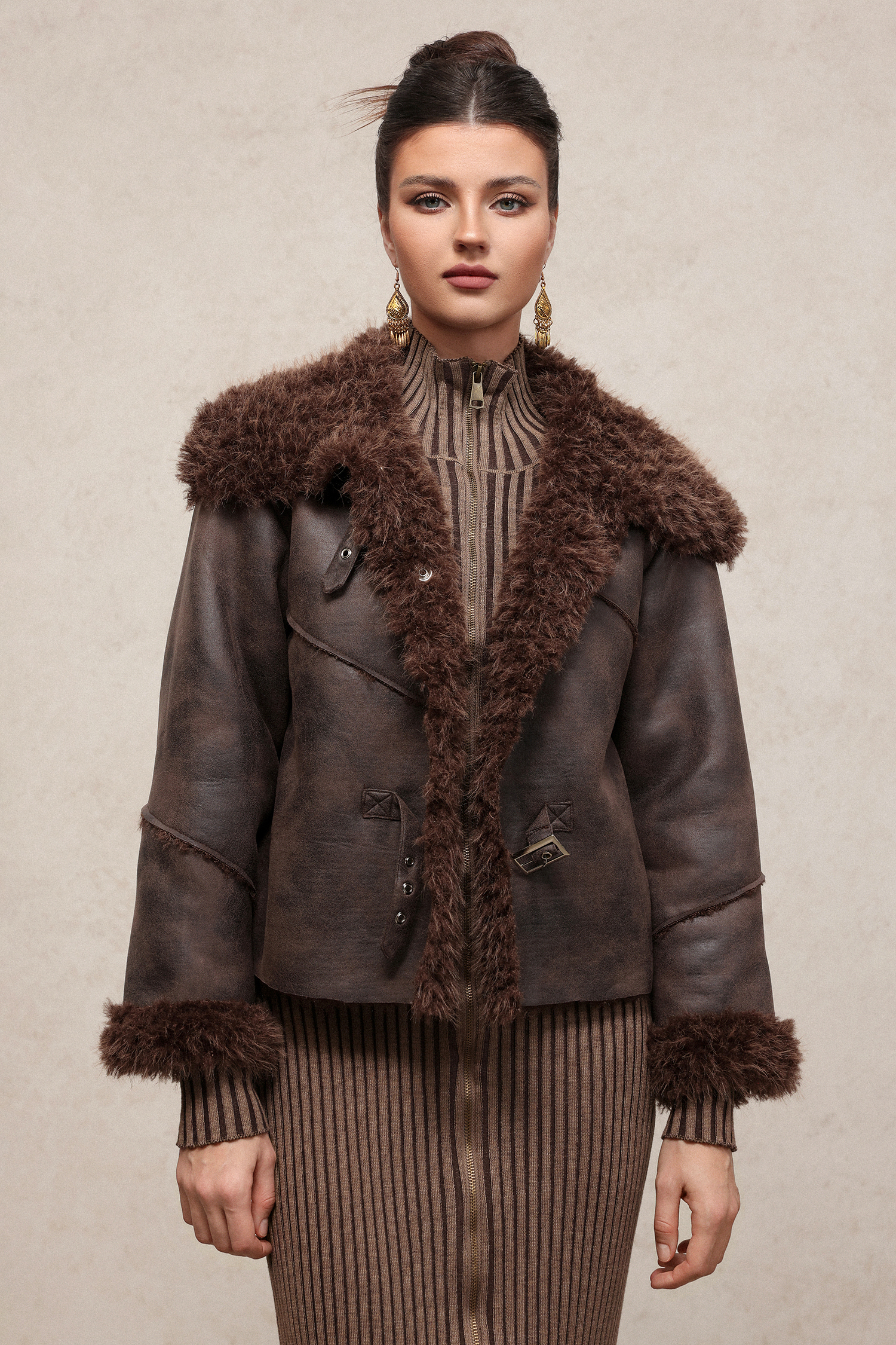 Loran Vintage Long Sleeve Fluffy Faux Leather Jacket