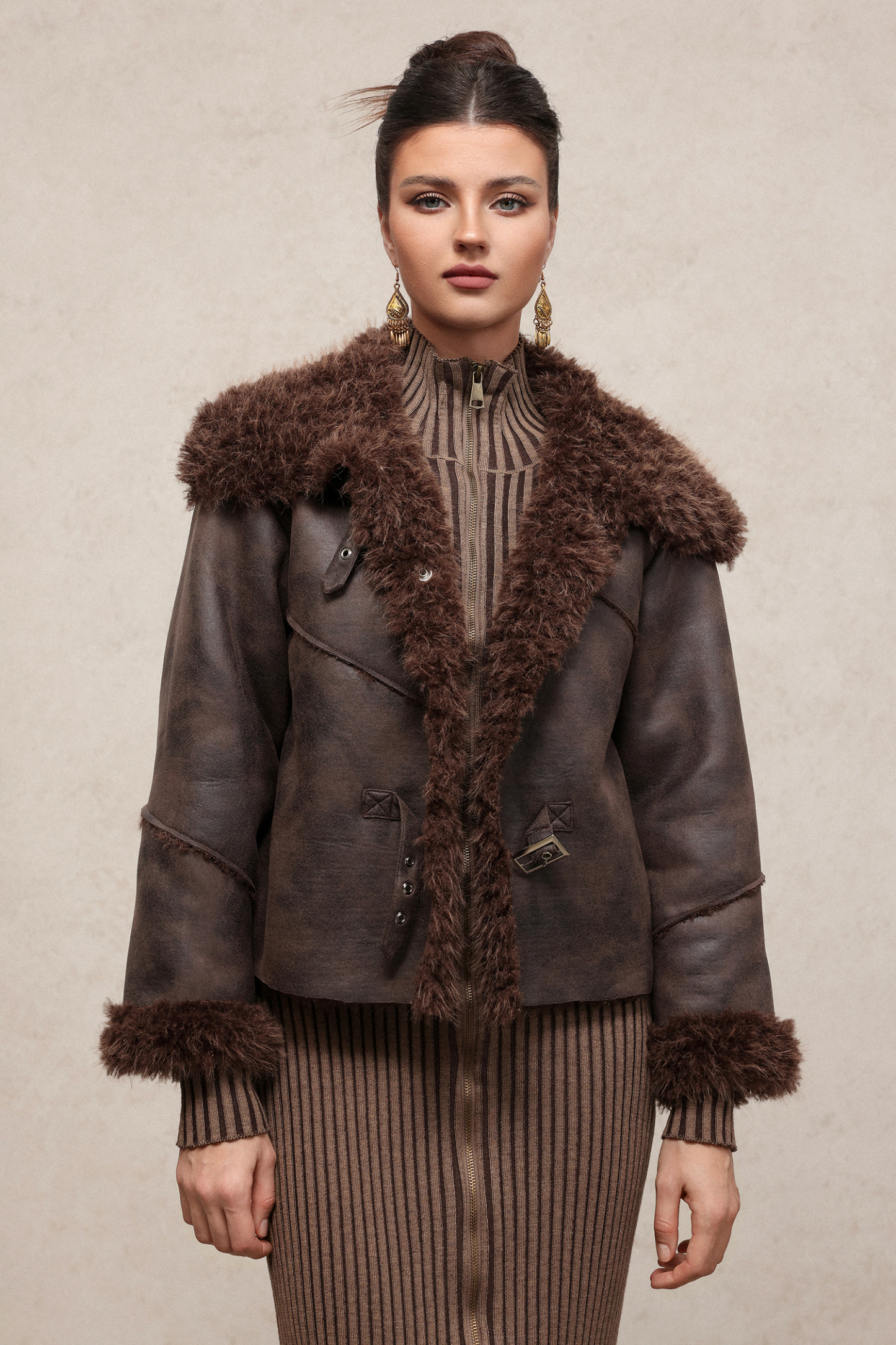 Loran Vintage Long Sleeve Fluffy Faux Leather Jacket