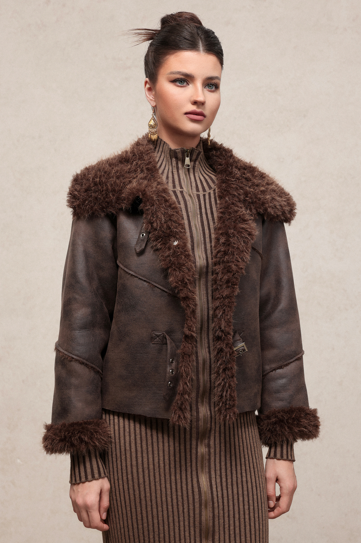 Loran Vintage Long Sleeve Fluffy Faux Leather Jacket