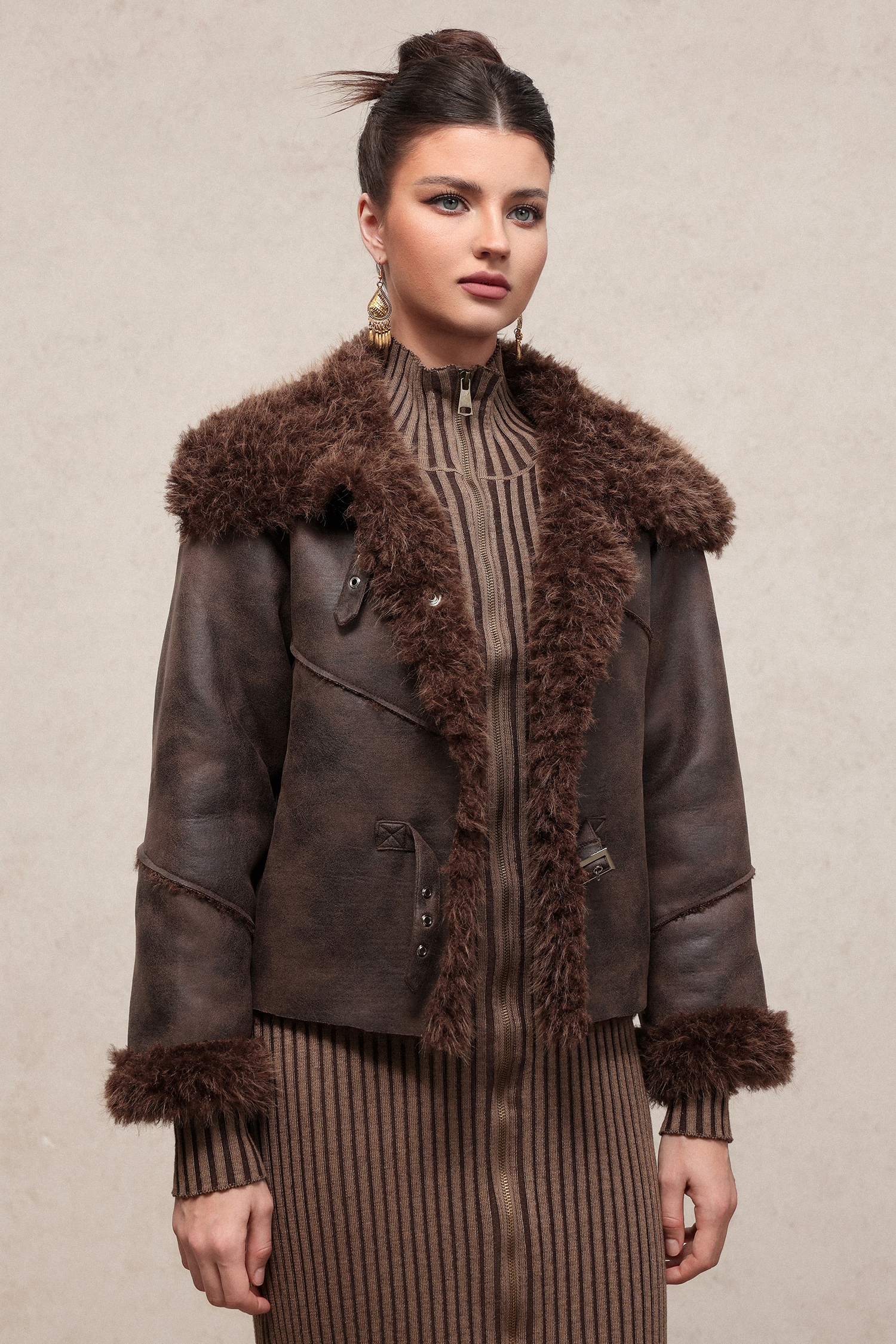 Loran Vintage Long Sleeve Fluffy Faux Leather Jacket