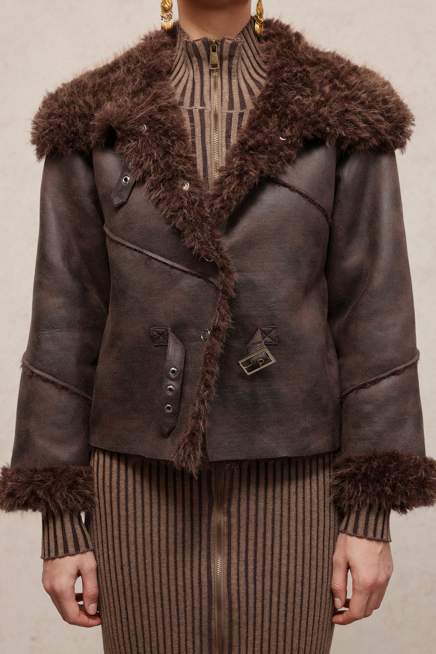 Loran Vintage Long Sleeve Fluffy Faux Leather Jacket