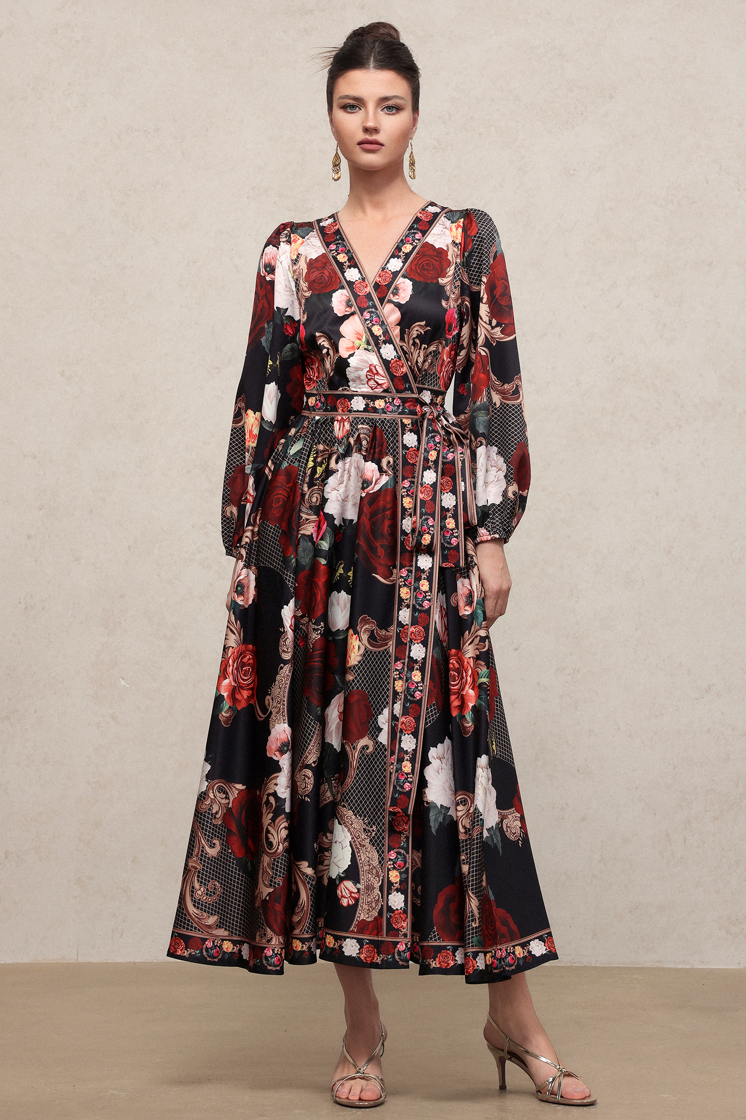 Shea Romantic Flowy Long Sleeve Floral Printed Woven Maxi Dress