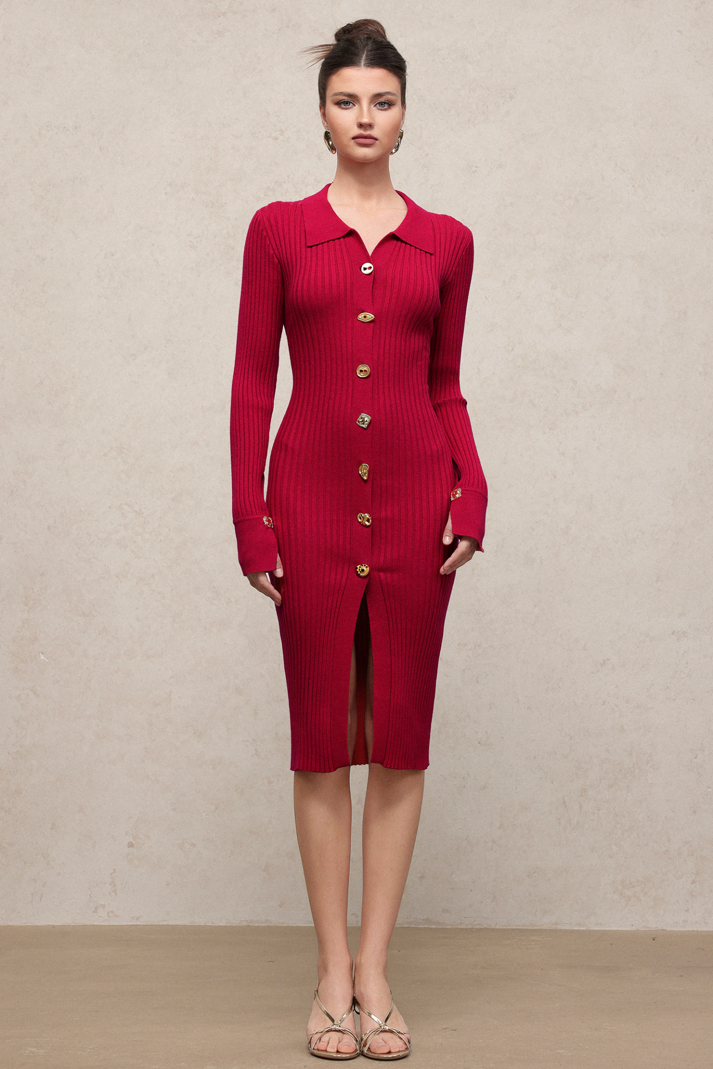 Lasa Elegant Contour Long Sleeve Metal Button Knit Maxi Dress