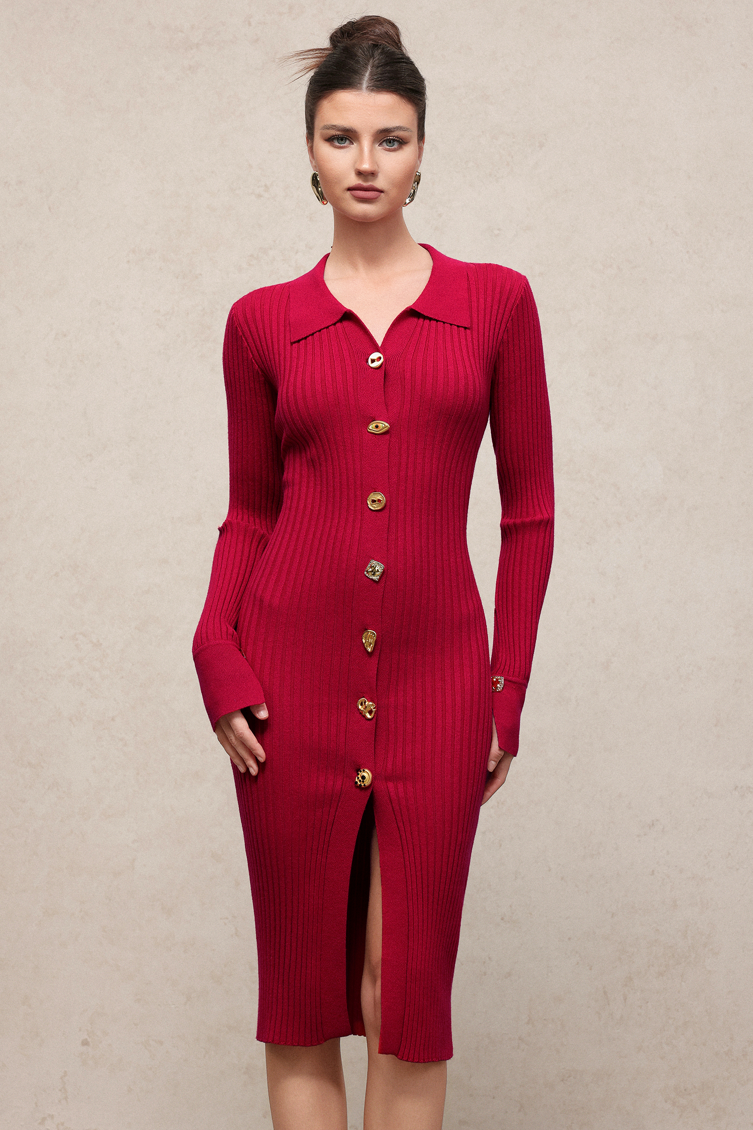 Lasa Elegant Contour Long Sleeve Metal Button Knit Maxi Dress