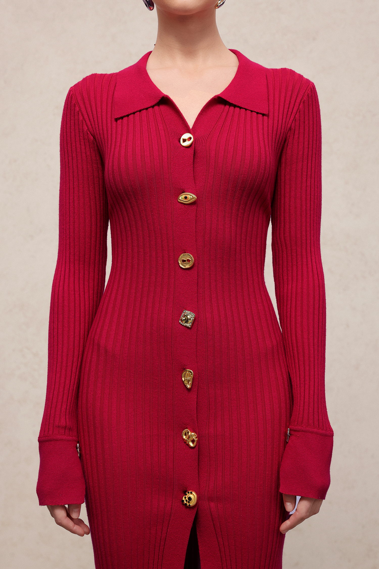 Lasa Elegant Contour Long Sleeve Metal Button Knit Maxi Dress