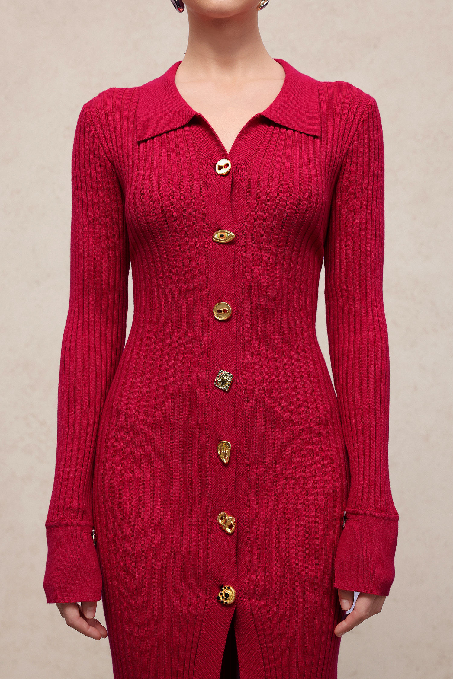 Lasa Elegant Contour Long Sleeve Metal Button Knit Maxi Dress