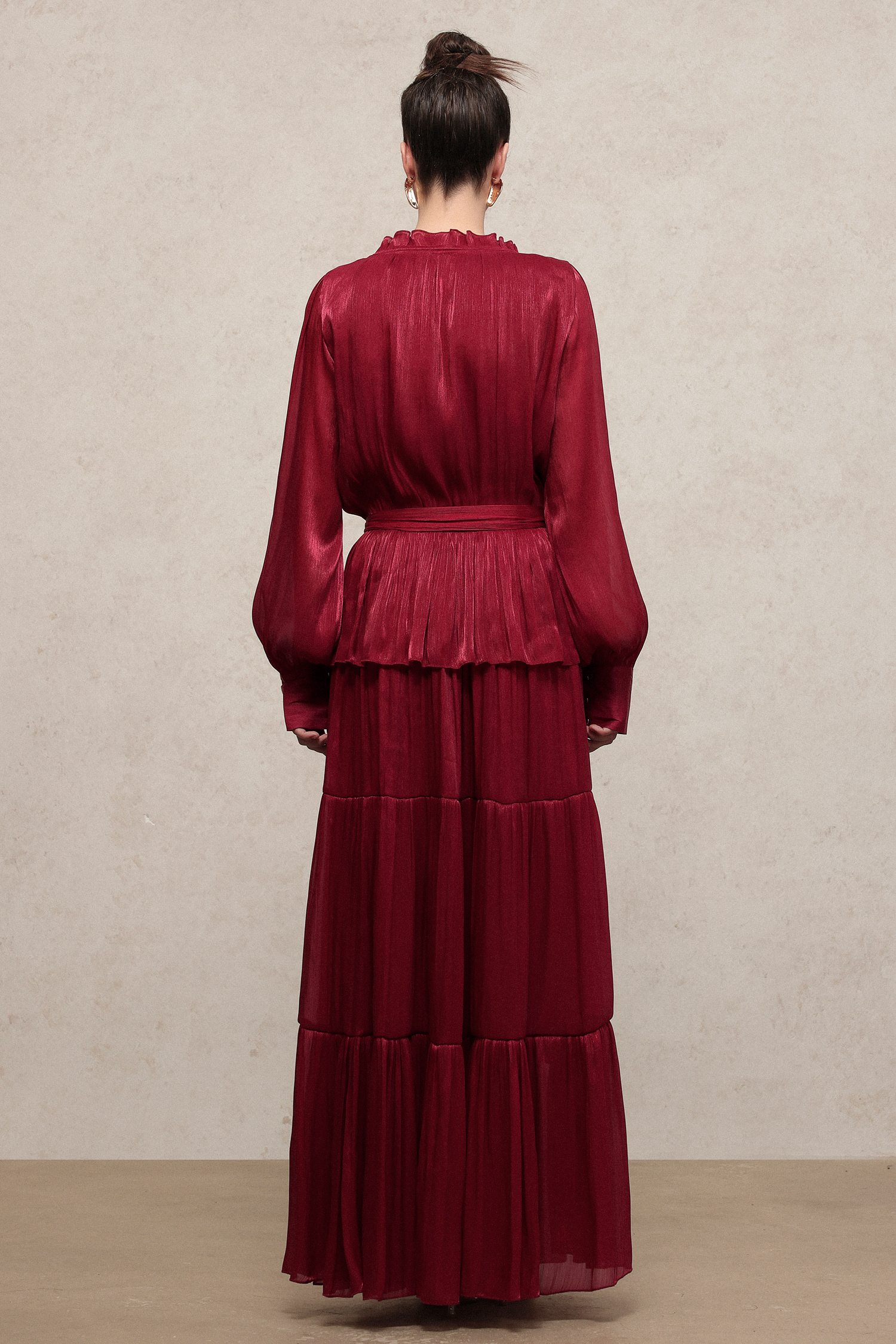 Vela Resort Flowy Long Sleeve Pleated Woven Maxi Dress