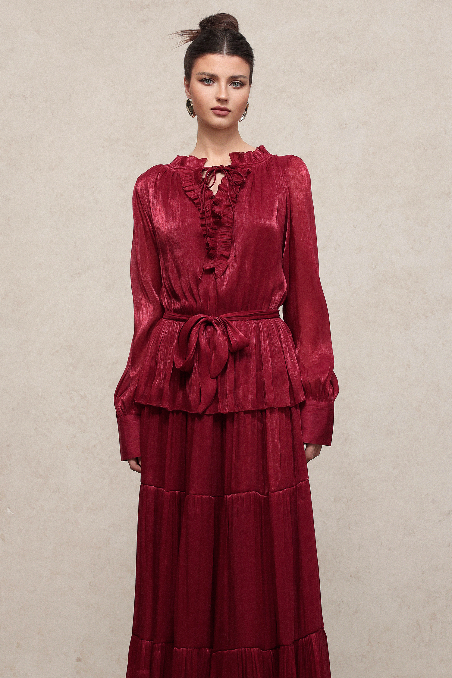 Vela Resort Flowy Long Sleeve Pleated Woven Maxi Dress