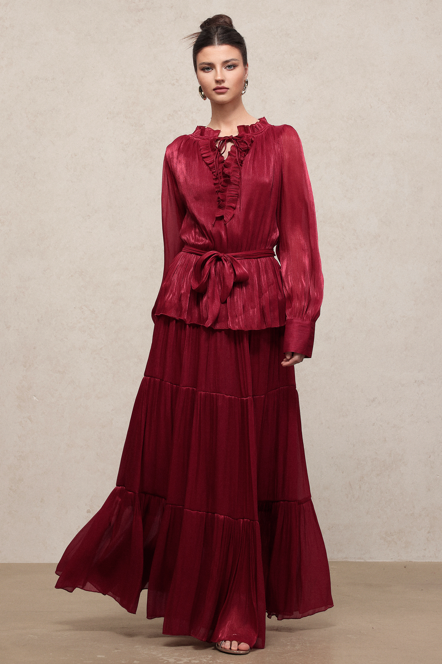 Vela Resort Flowy Long Sleeve Pleated Woven Maxi Dress