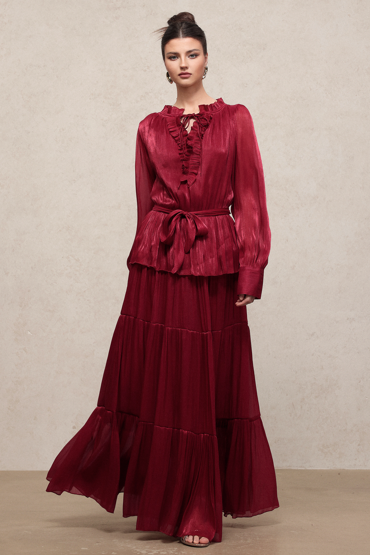 Vela Resort Flowy Long Sleeve Pleated Woven Maxi Dress