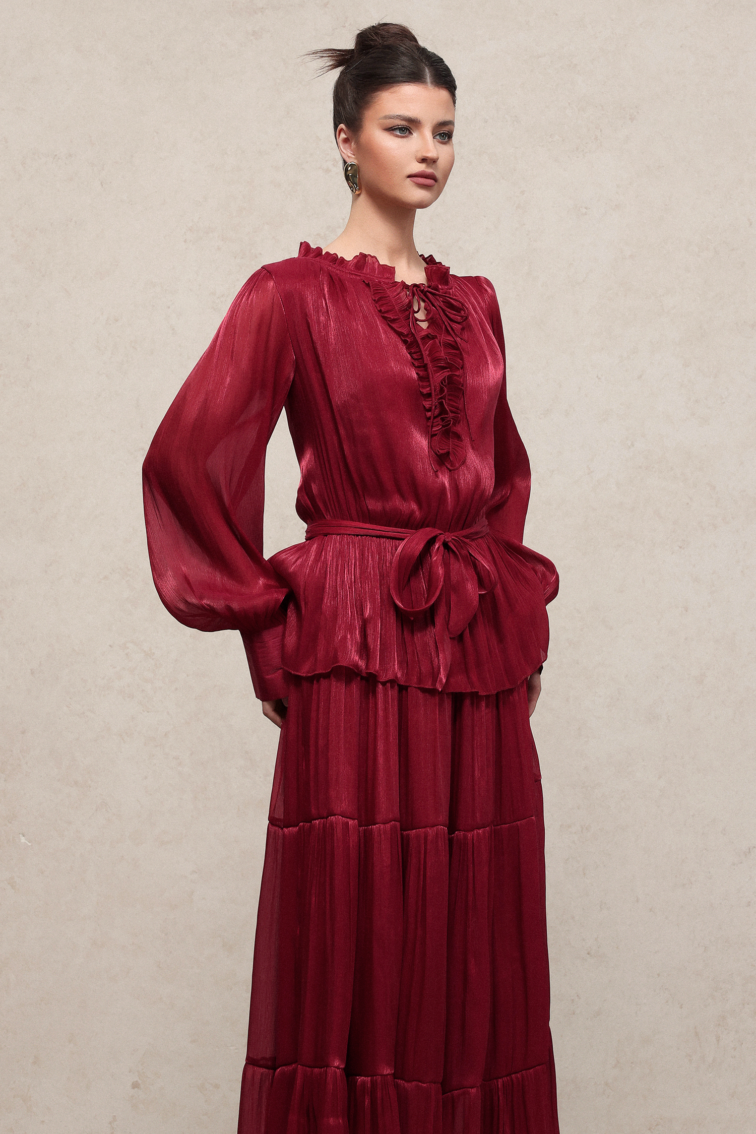 Vela Resort Flowy Long Sleeve Pleated Woven Maxi Dress