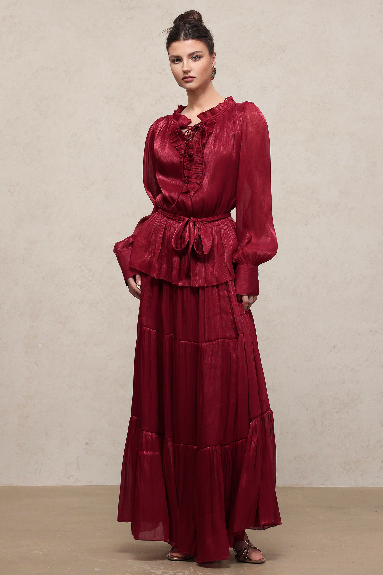 Vela Resort Flowy Long Sleeve Pleated Woven Maxi Dress