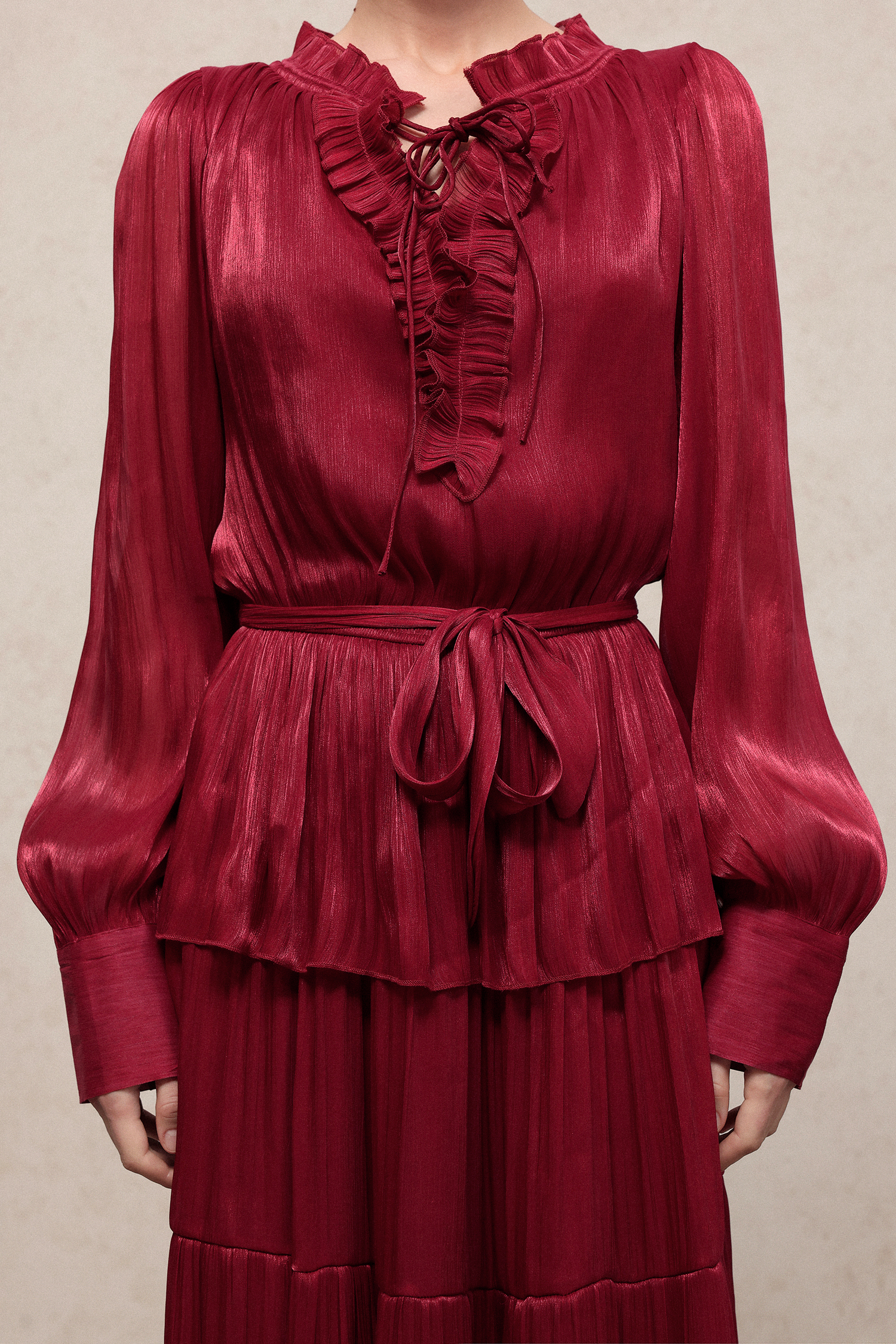 Vela Resort Flowy Long Sleeve Pleated Woven Maxi Dress