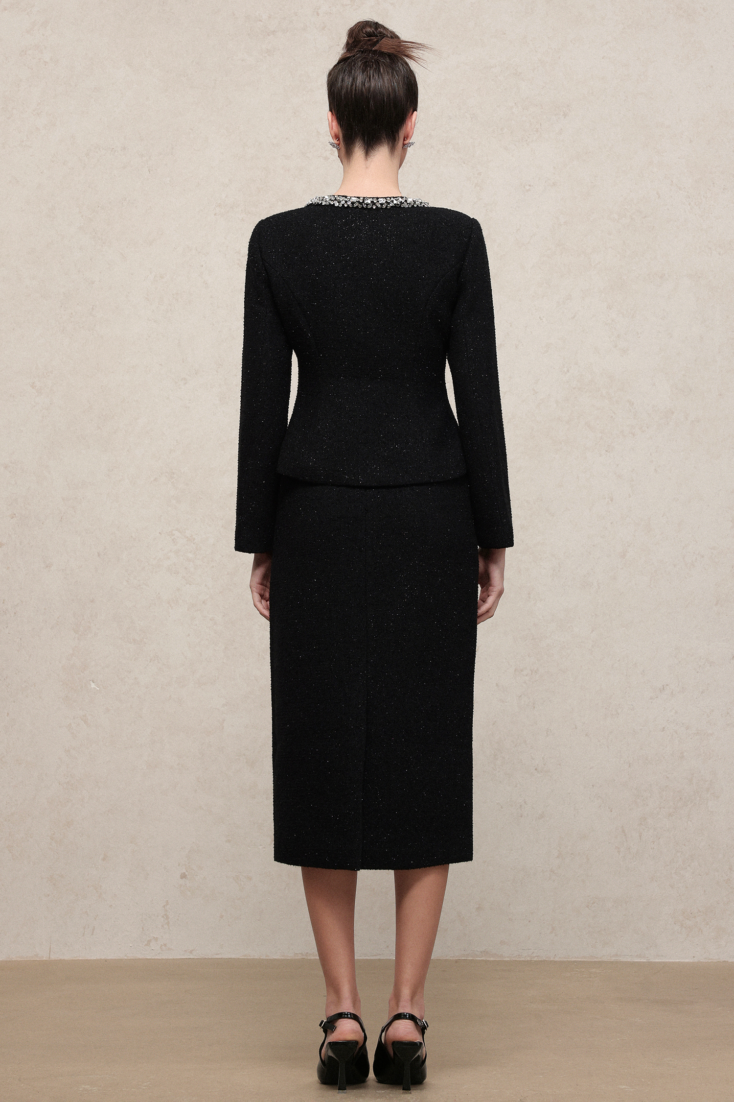 Vera Classic Waist-Defining Long Sleeve Rhinestone Tweed Top And Skirt Two-Piece Set