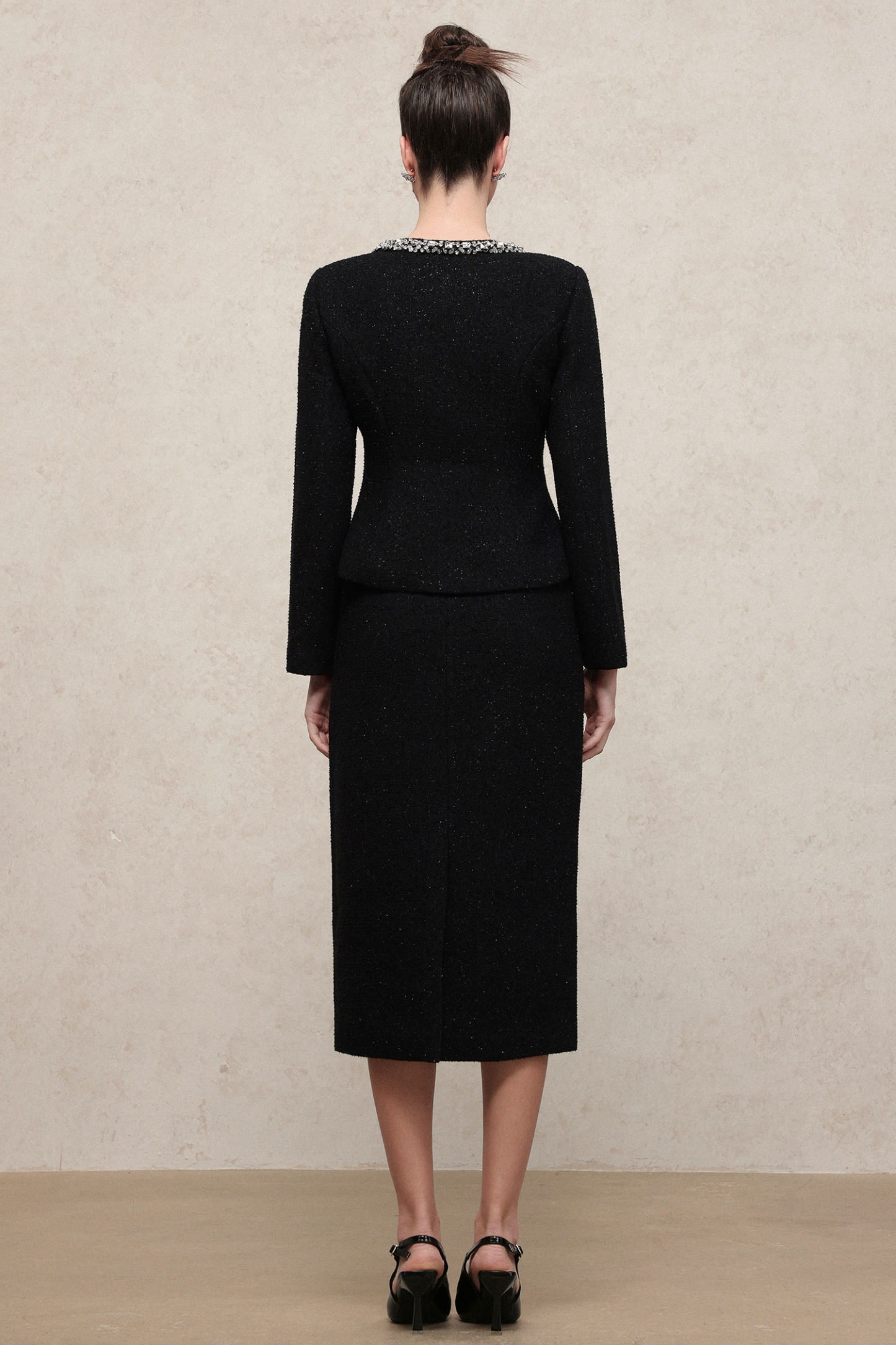 Vera Classic Waist-Defining Long Sleeve Rhinestone Tweed Top And Skirt Two-Piece Set