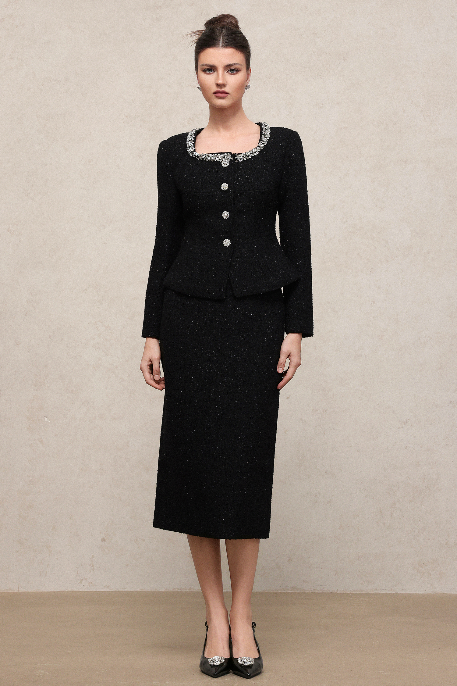 Vera Classic Waist-Defining Long Sleeve Rhinestone Tweed Top And Skirt Two-Piece Set