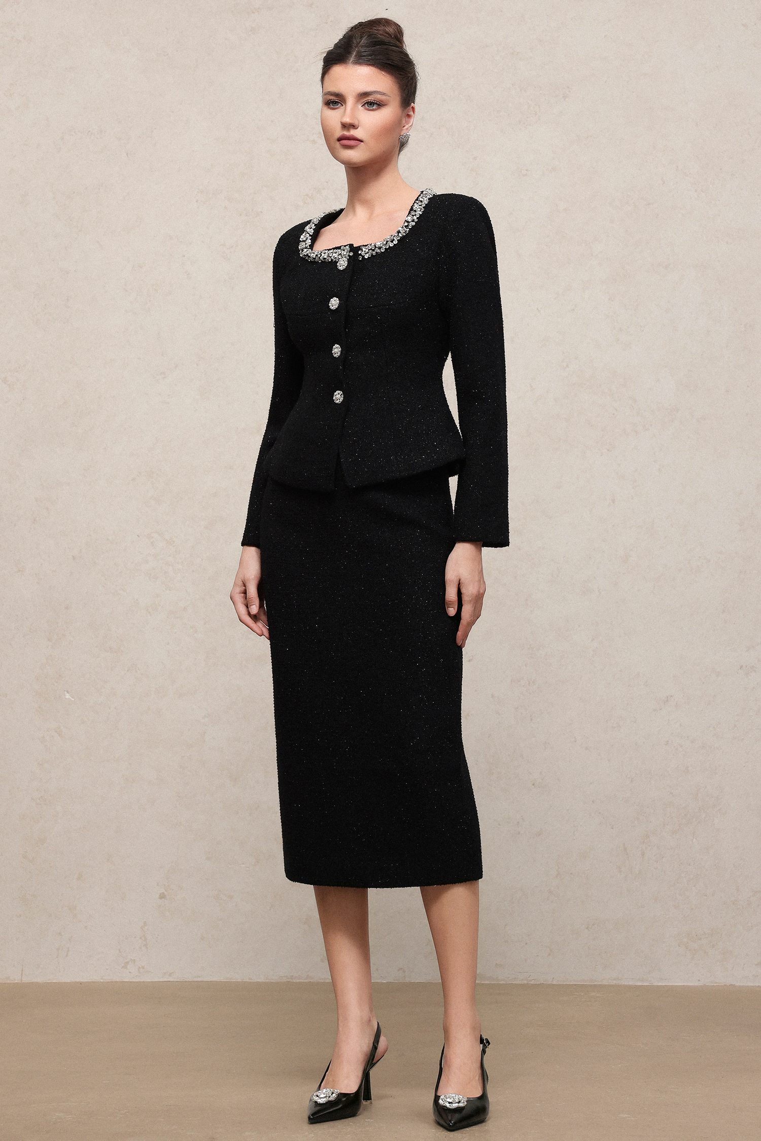 Vera Classic Waist-Defining Long Sleeve Rhinestone Tweed Top And Skirt Two-Piece Set