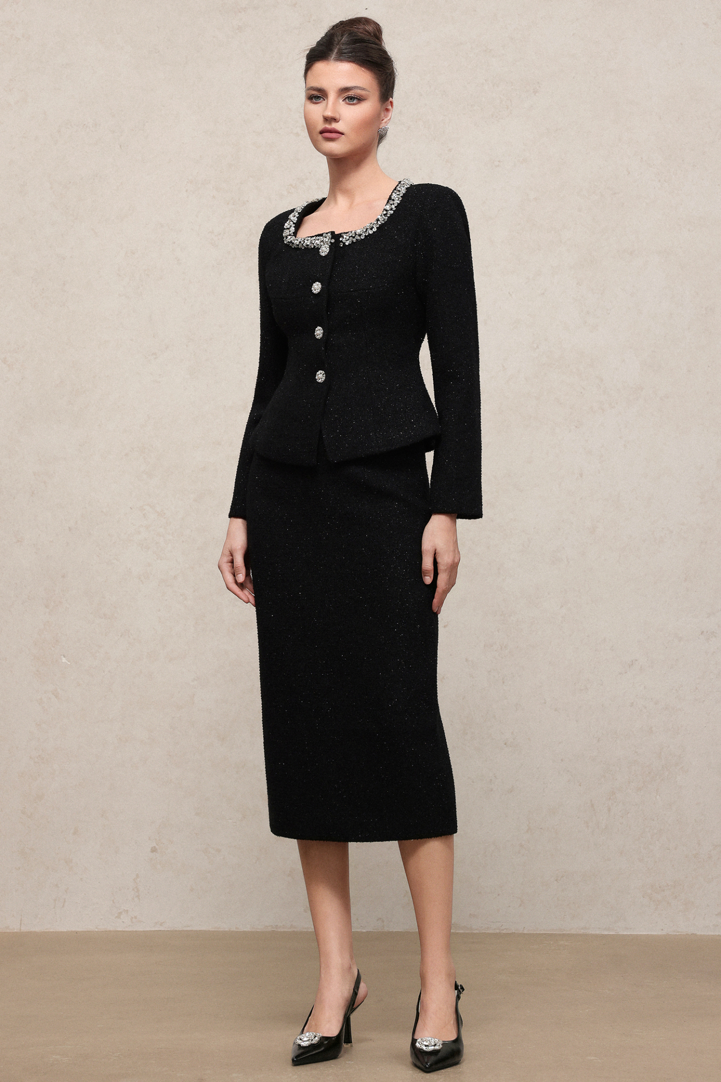 Vera Classic Waist-Defining Long Sleeve Rhinestone Tweed Top And Skirt Two-Piece Set