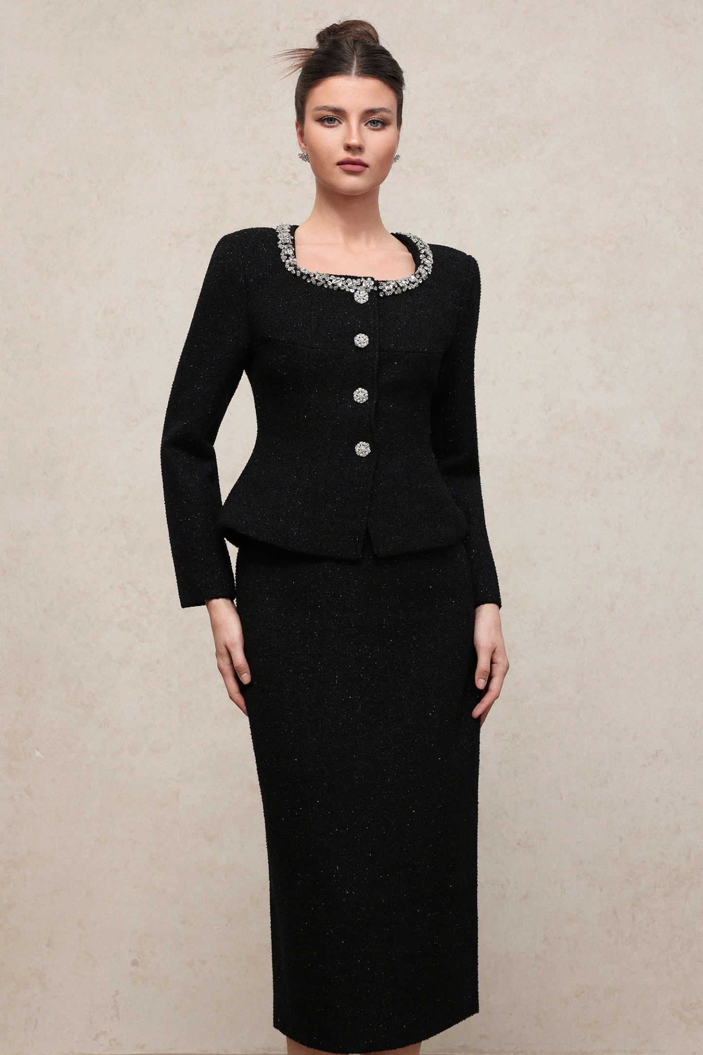 Vera Classic Waist-Defining Long Sleeve Rhinestone Tweed Top And Skirt Two-Piece Set