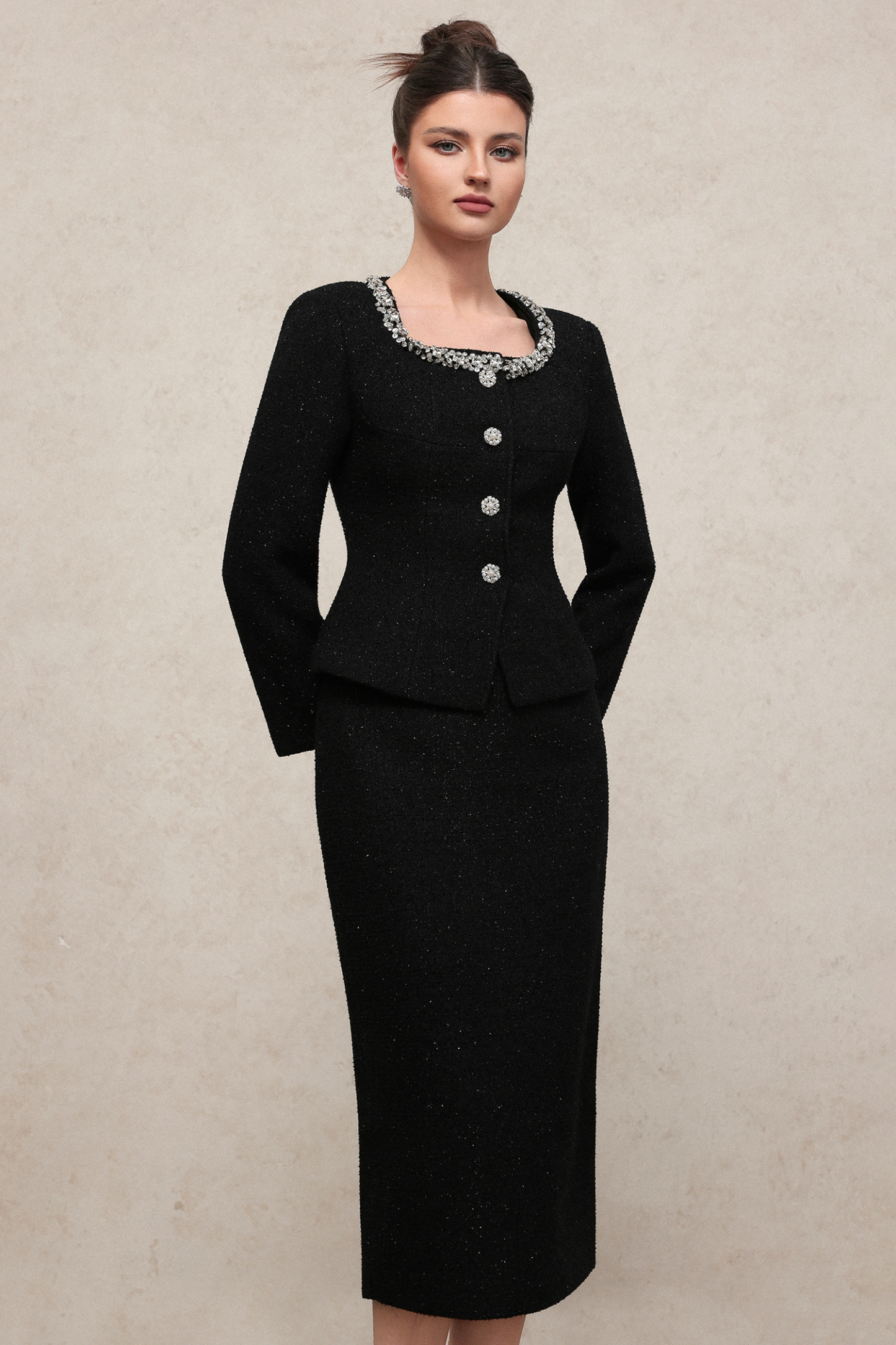 Vera Classic Waist-Defining Long Sleeve Rhinestone Tweed Top And Skirt Two-Piece Set