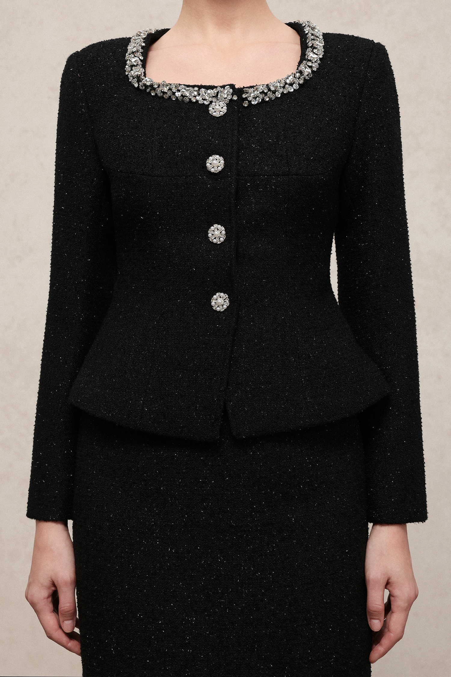 Vera Classic Waist-Defining Long Sleeve Rhinestone Tweed Top And Skirt Two-Piece Set