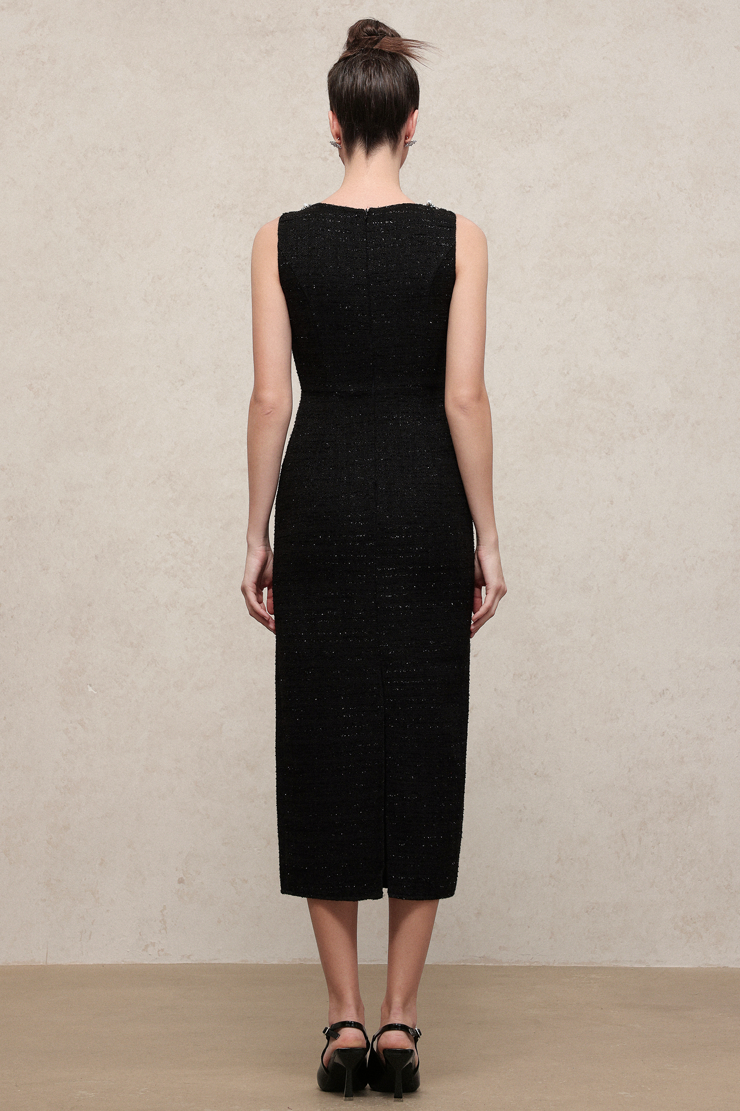 Derly Elegant Slimming Sleeveless Sequin Tweed Midi Dress