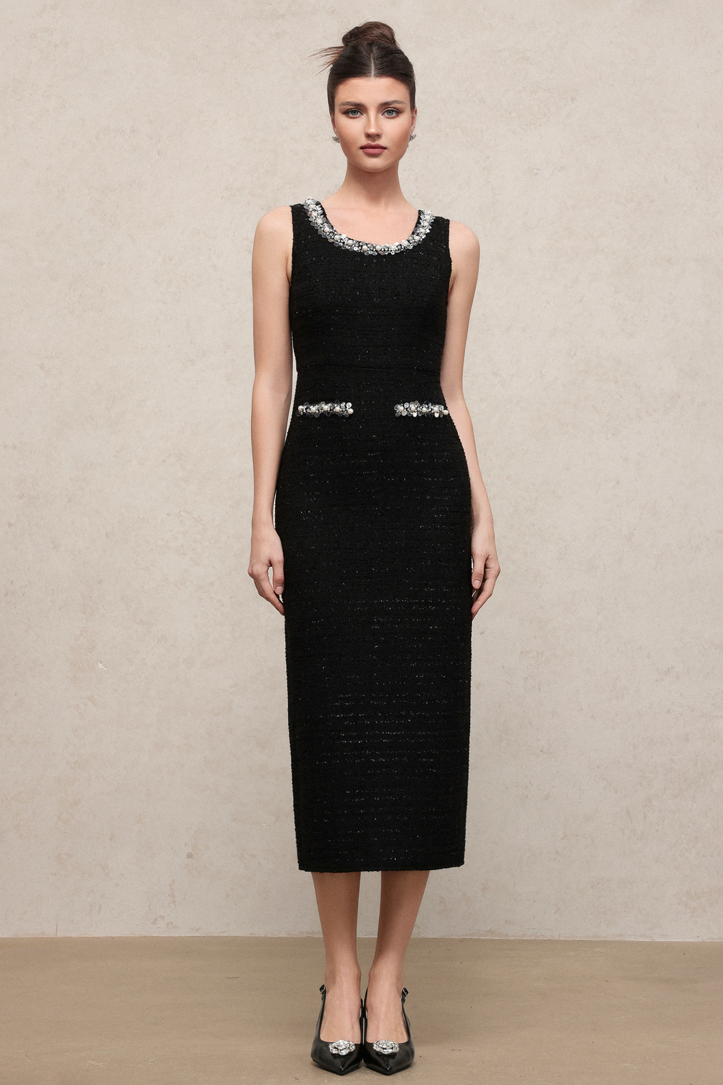 Derly Elegant Slimming Sleeveless Sequin Tweed Midi Dress