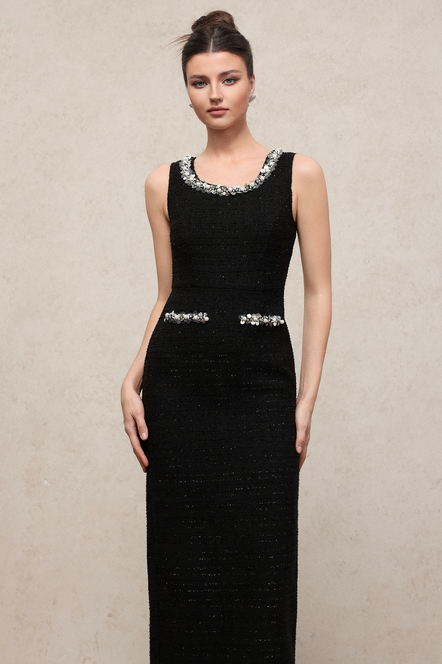 Derly Elegant Slimming Sleeveless Sequin Tweed Midi Dress